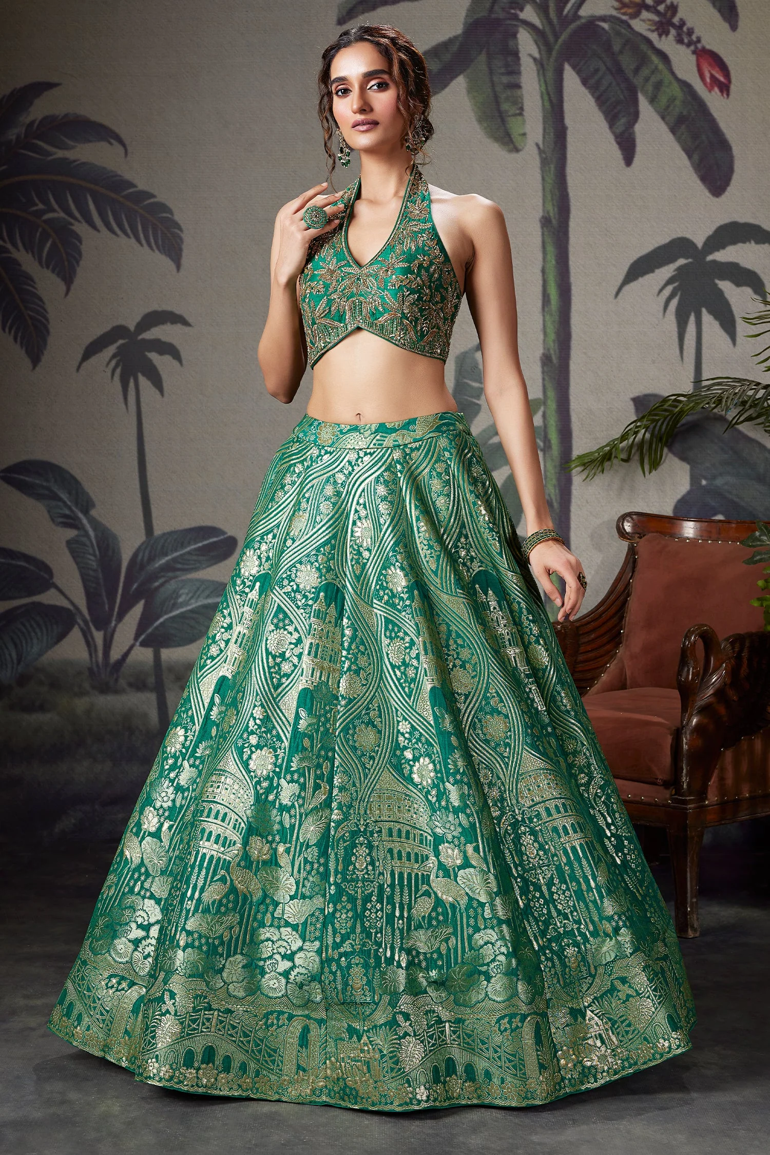 Green Banarasi Brocade Silk Zari Woven Lehenga with Zardosi Work Halter Neck Blouse - Image 3