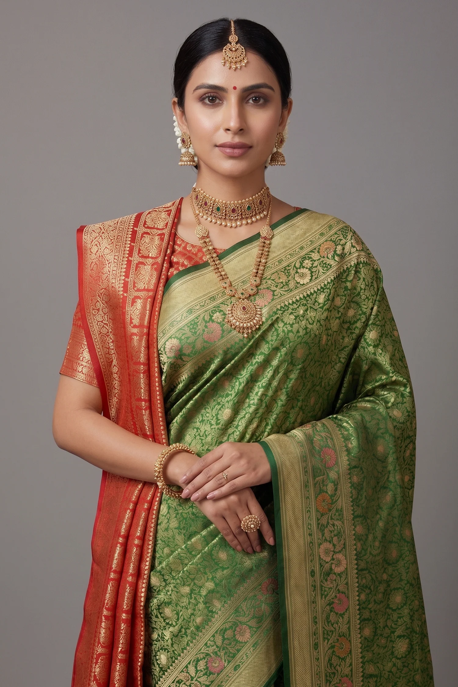 Green Banarasi Silk Floral Meenakari Woven Saree - Image 2