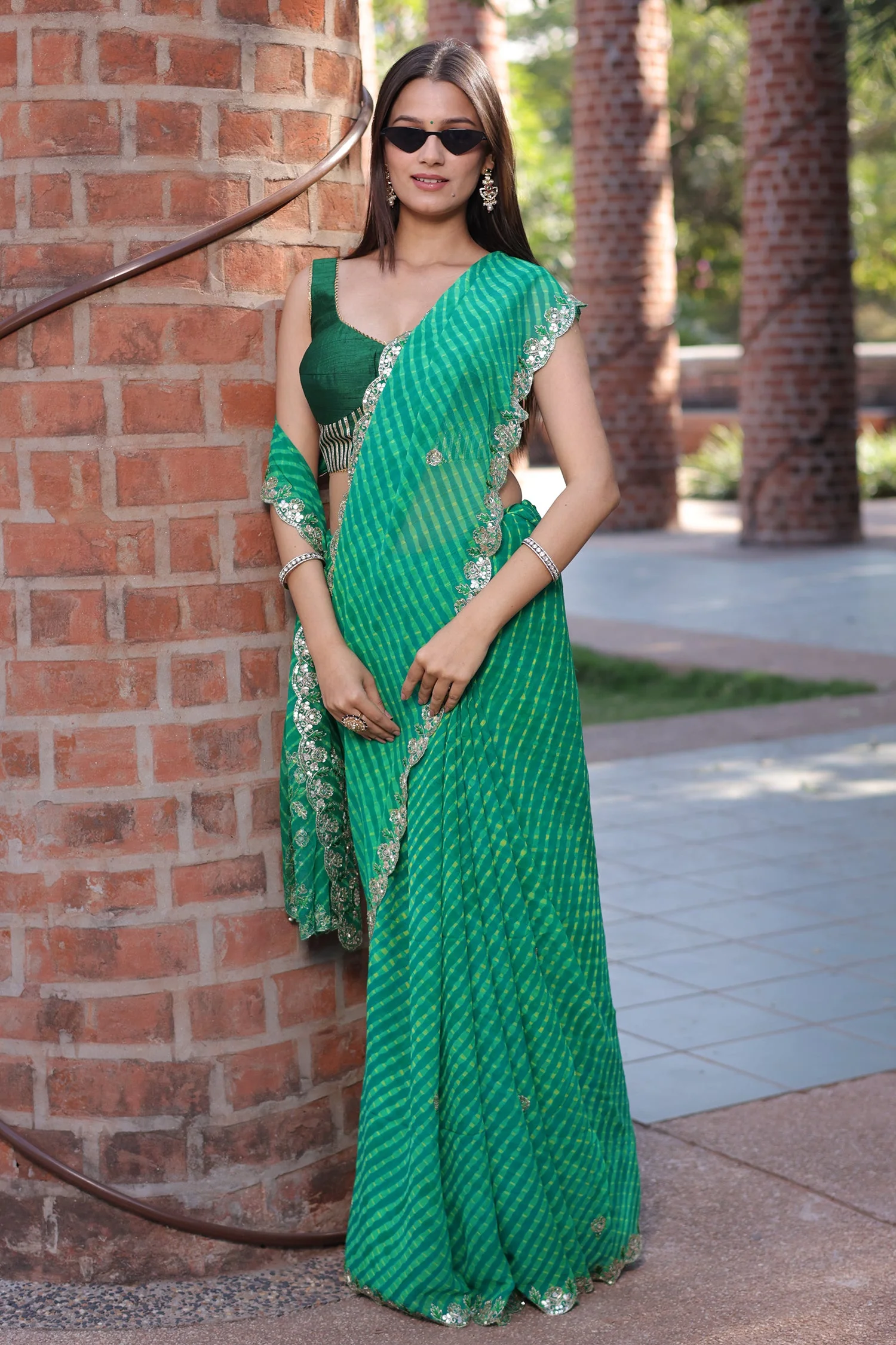 Green Chiffon Georgette Leheriya Saree with Sequin Work Scallop Border - Image 3