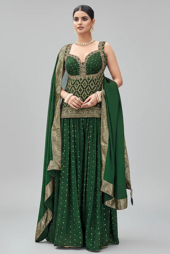 Green Chinon Art Silk Woven Palazzo Suit