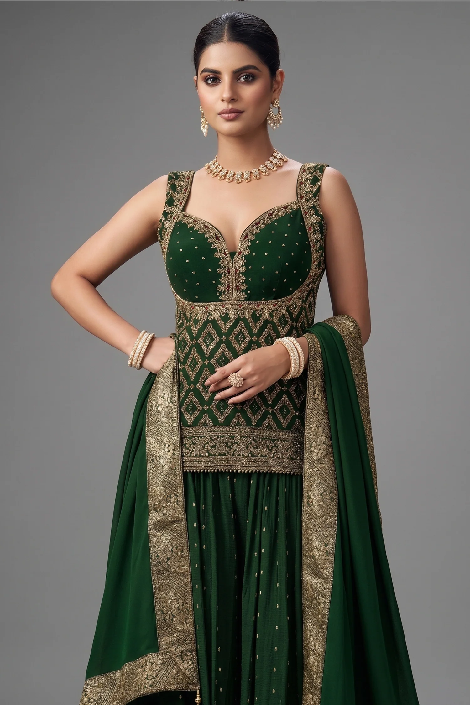 Green Chinon Art Silk Woven Palazzo Suit - Image 2