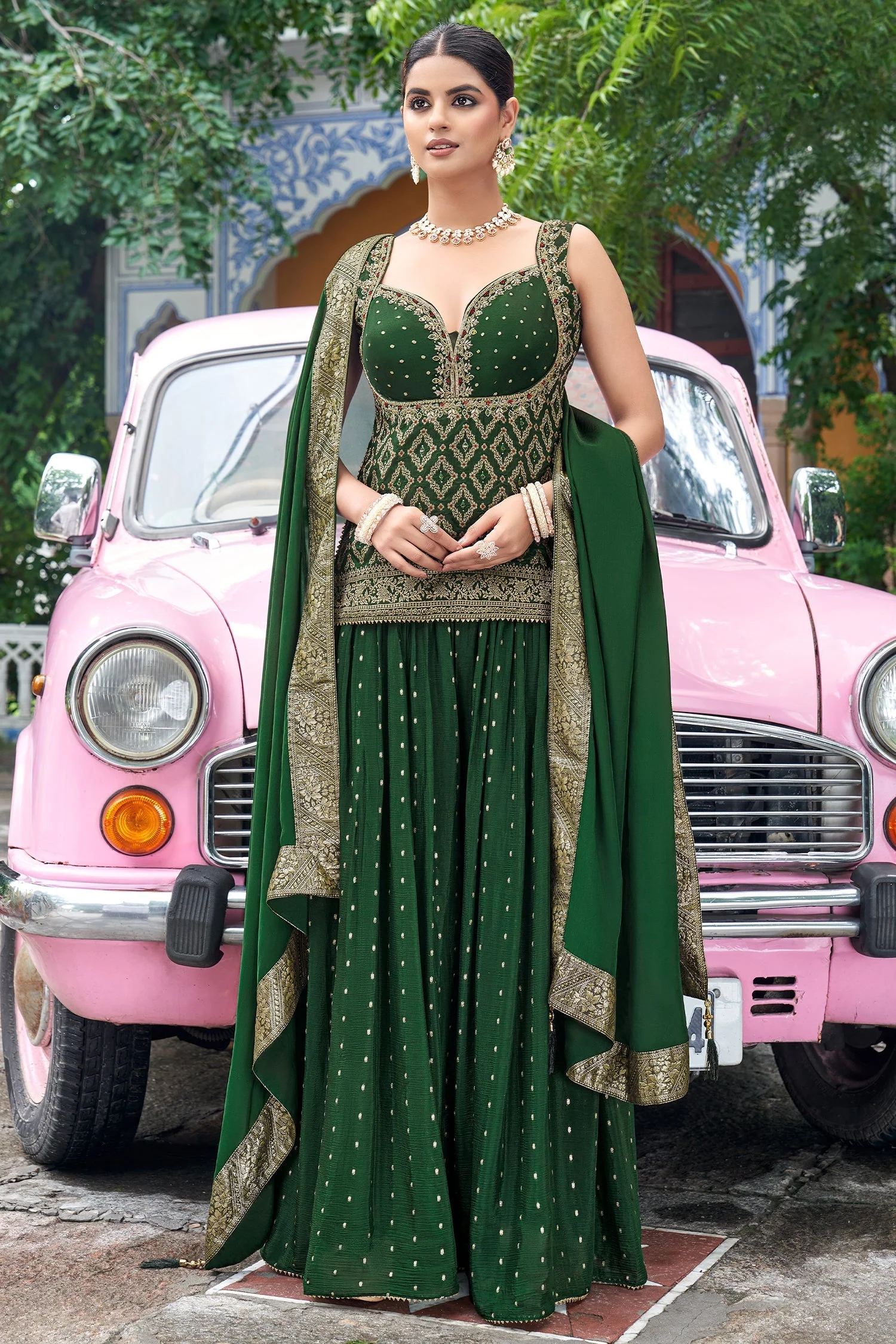 Green Chinon Art Silk Woven Palazzo Suit - Image 3