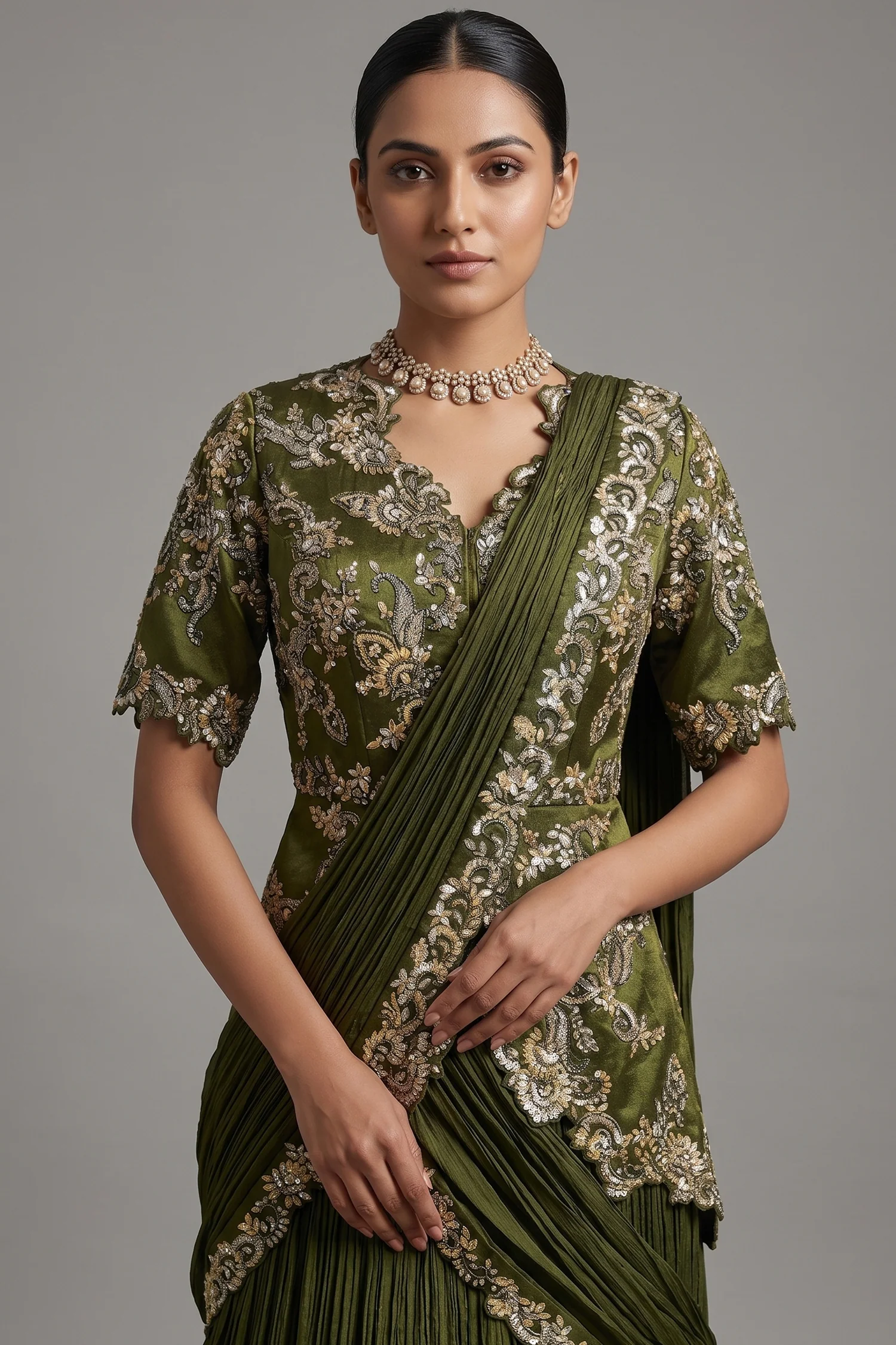 Green Chinon Chiffon Lehenga with Attached Dupatta and Long Top - Image 2