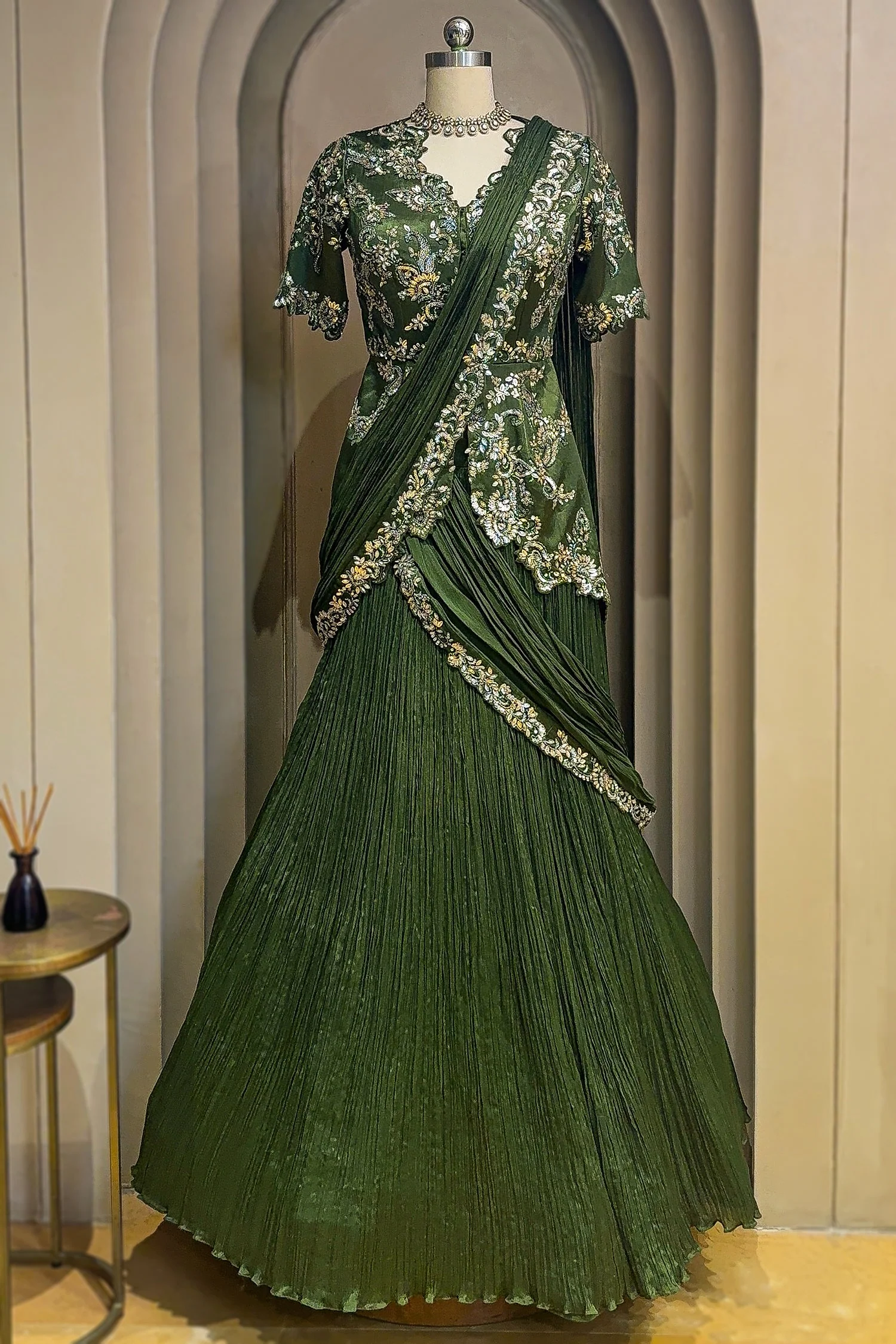 Green Chinon Chiffon Lehenga with Attached Dupatta and Long Top - Image 3