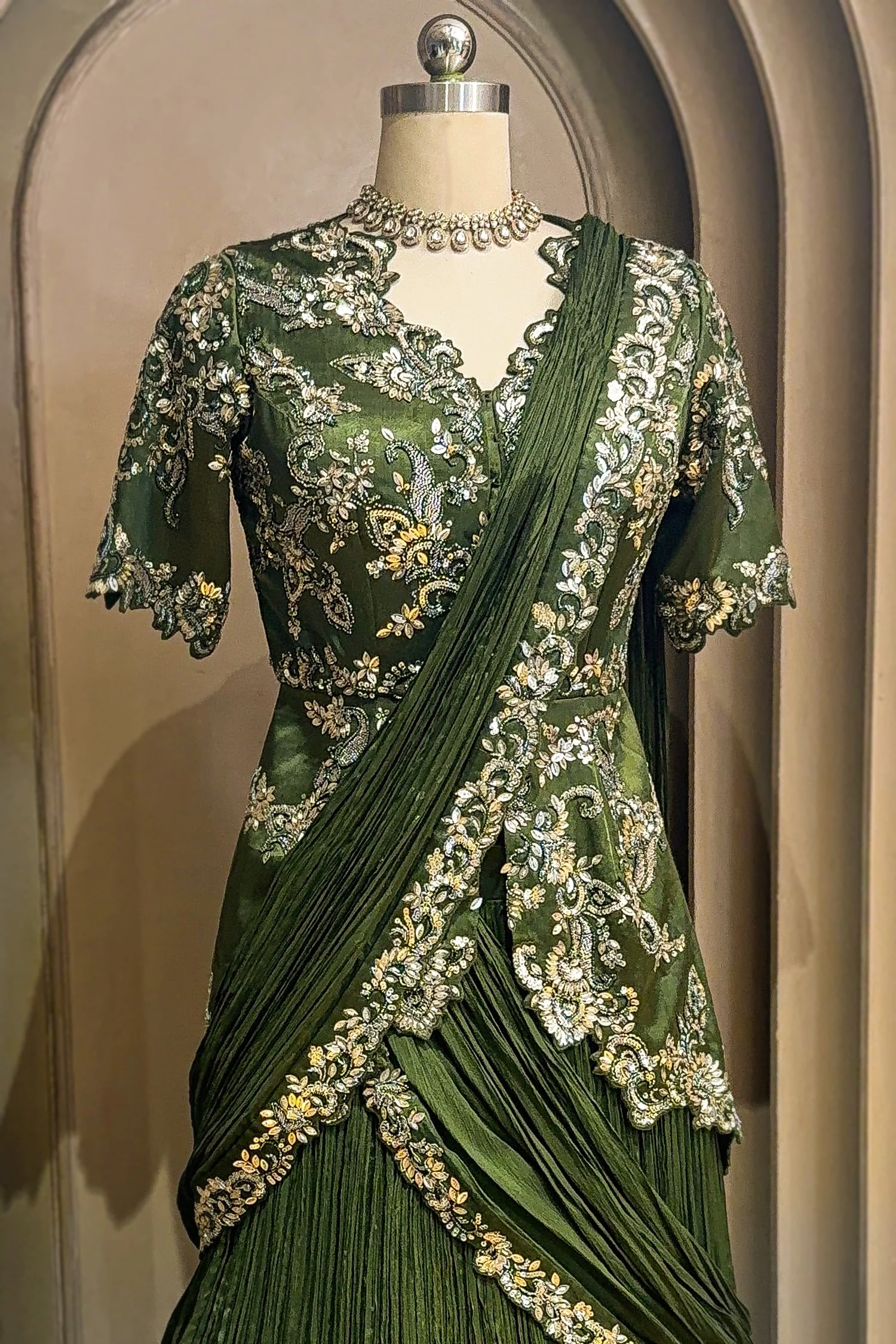 Green Chinon Chiffon Lehenga with Attached Dupatta and Long Top - Image 4