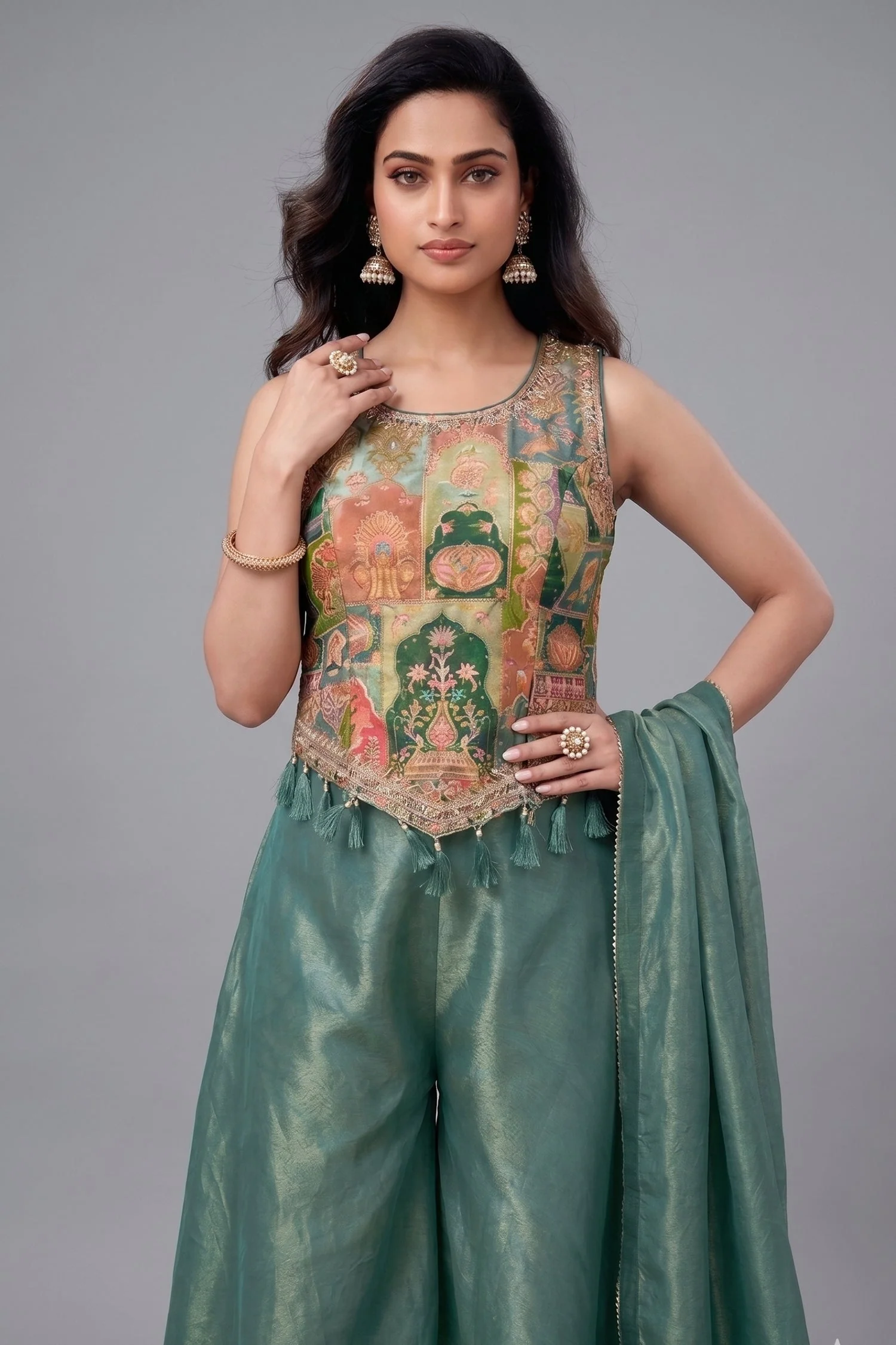 Green Crepe Silk Printed Top and Palazzo Set - Image 2