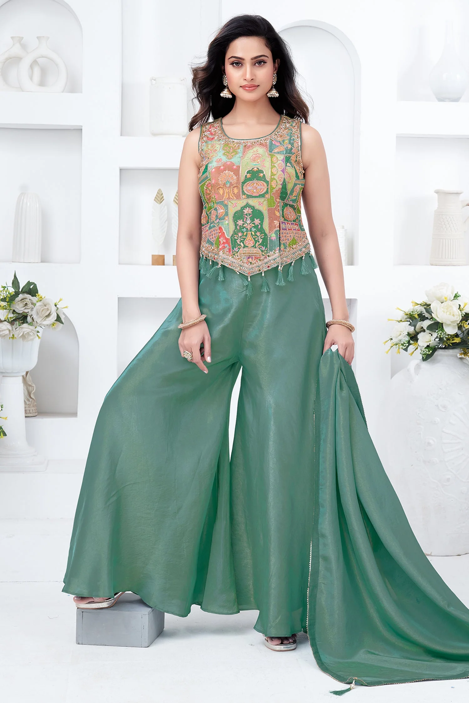 Green Crepe Silk Printed Top and Palazzo Set - Image 3