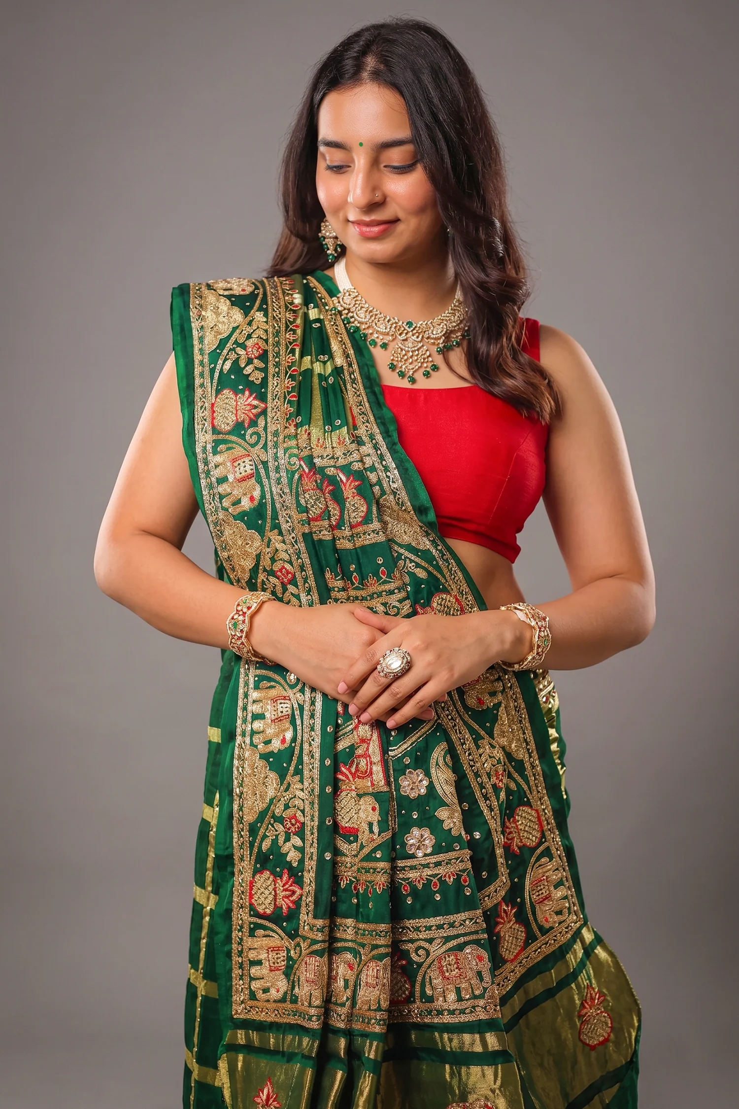 Green Gaji Silk Traditional Gharchola Saree with Zardosi Work - Image 2