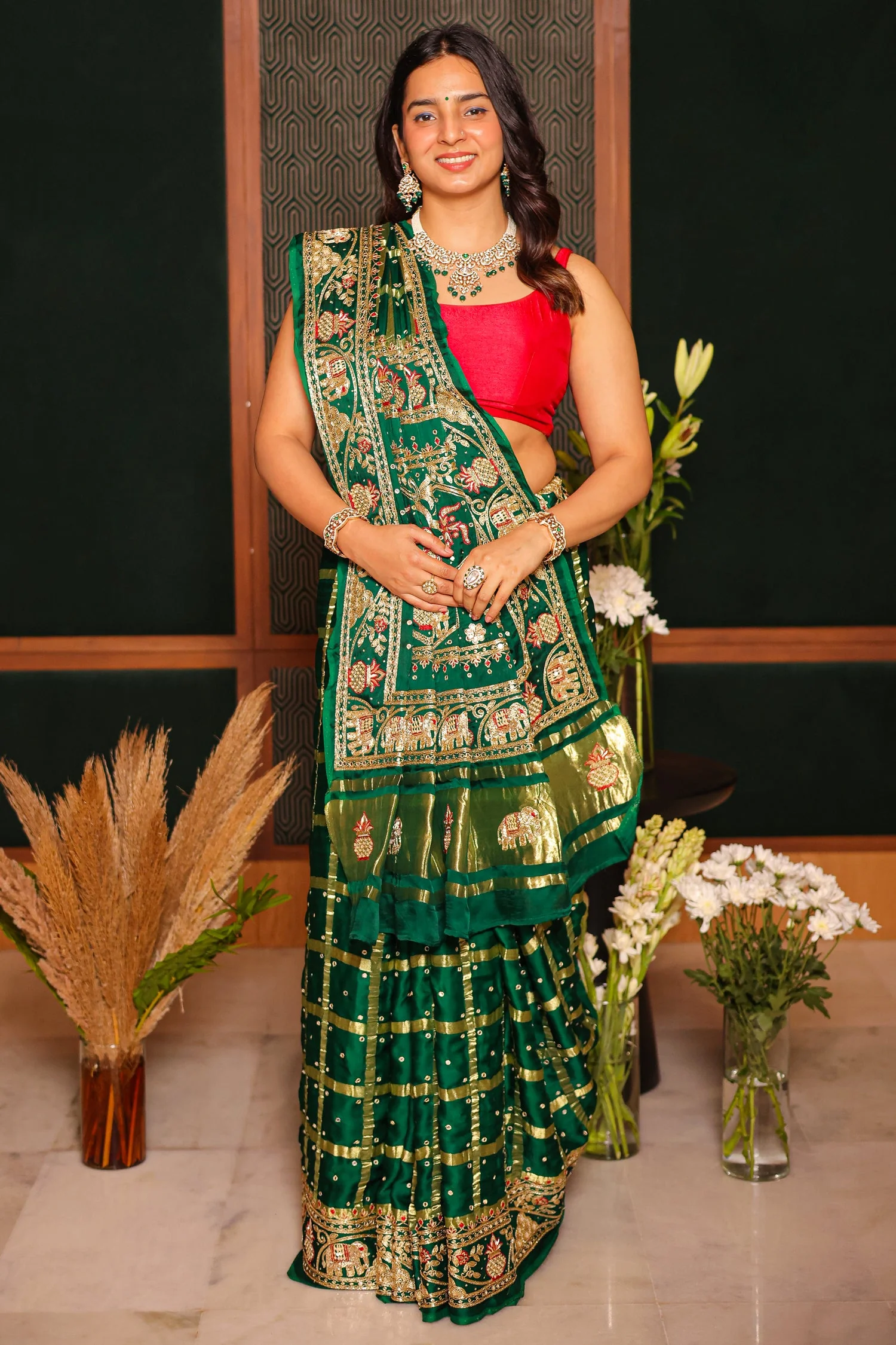 Green Gaji Silk Traditional Gharchola Saree with Zardosi Work - Image 3