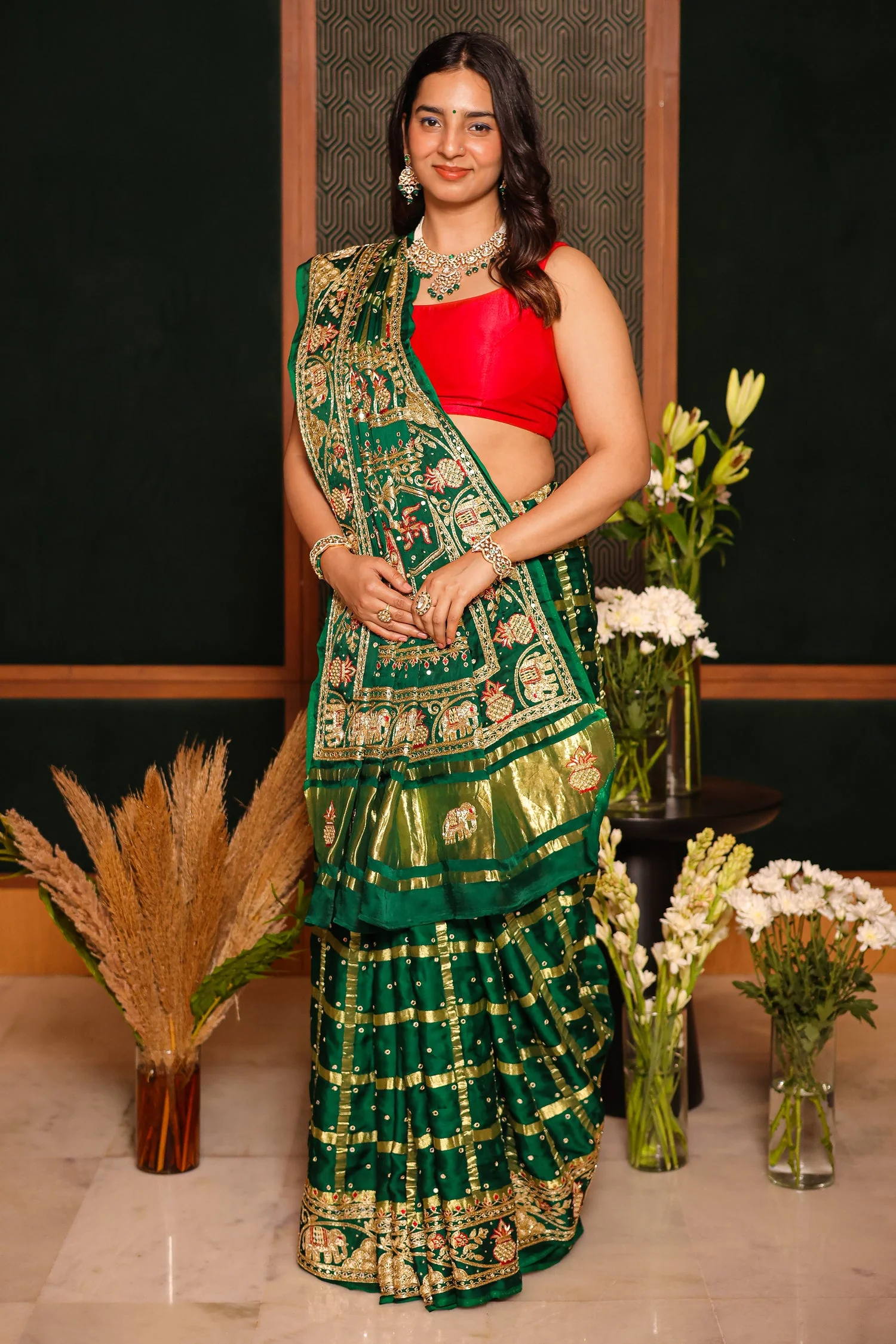 Green Gaji Silk Traditional Gharchola Saree with Zardosi Work - Image 4