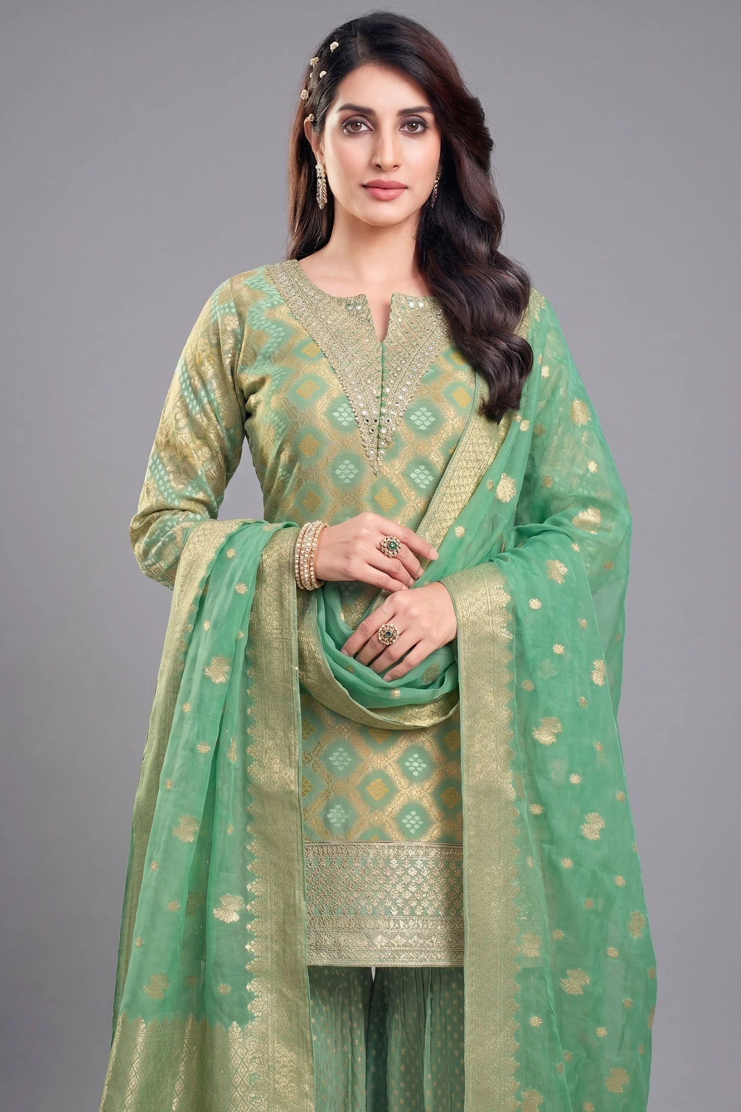 Green Georgette Bandhej Woven Sharara Suit with Sequin Work - Image 2