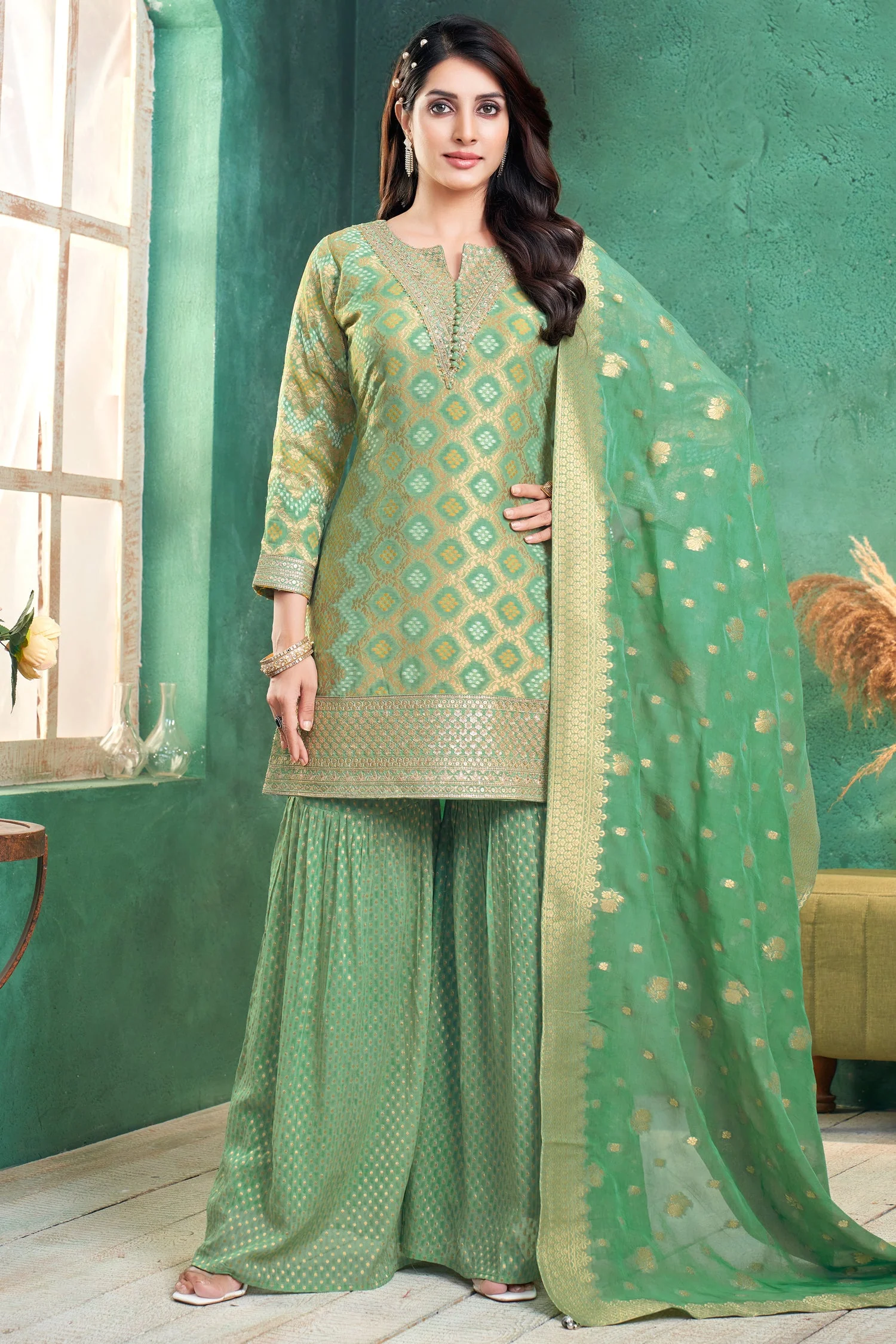 Green Georgette Bandhej Woven Sharara Suit with Sequin Work - Image 3