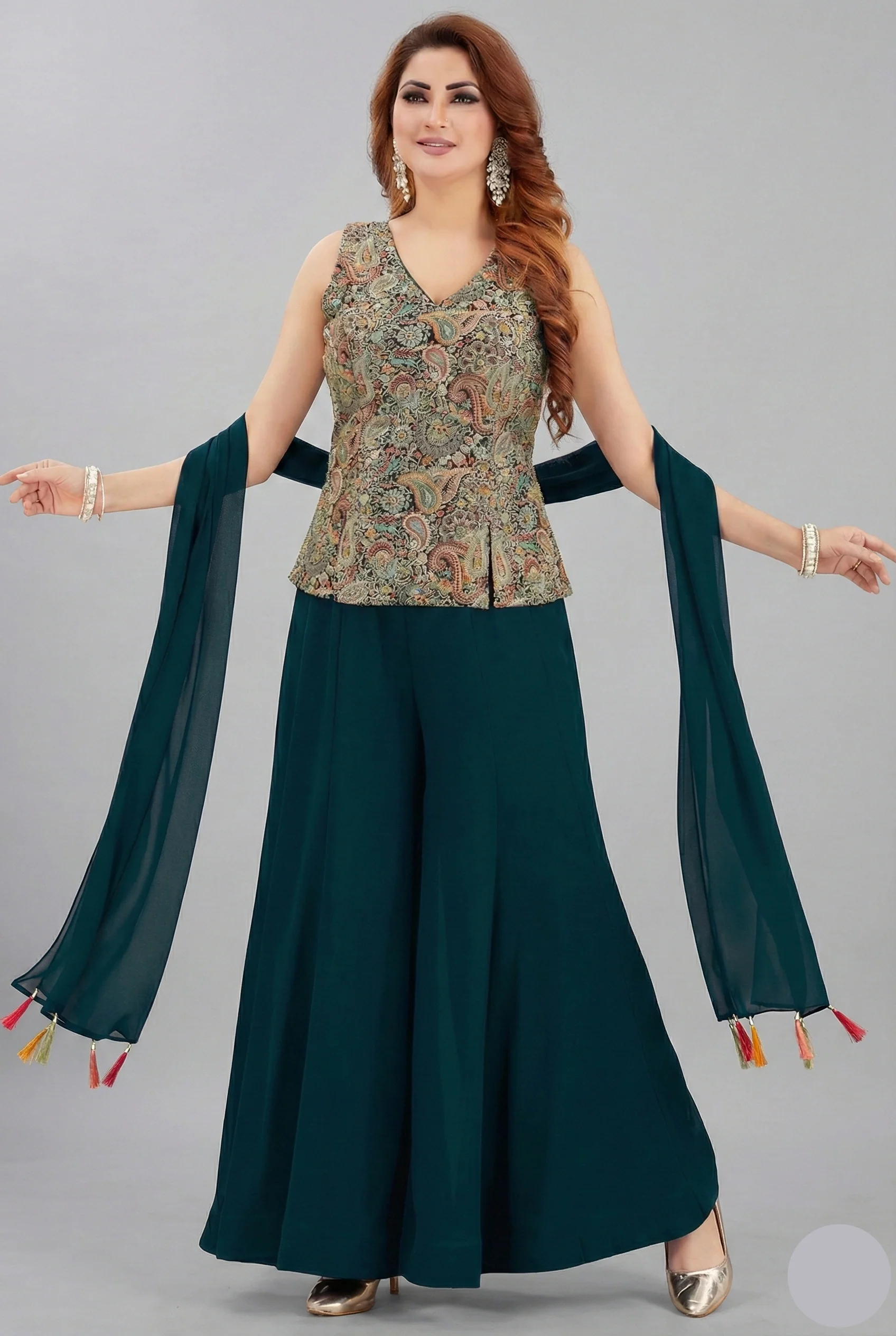 Green Georgette Embroidered Palazzo Suit - Image 2