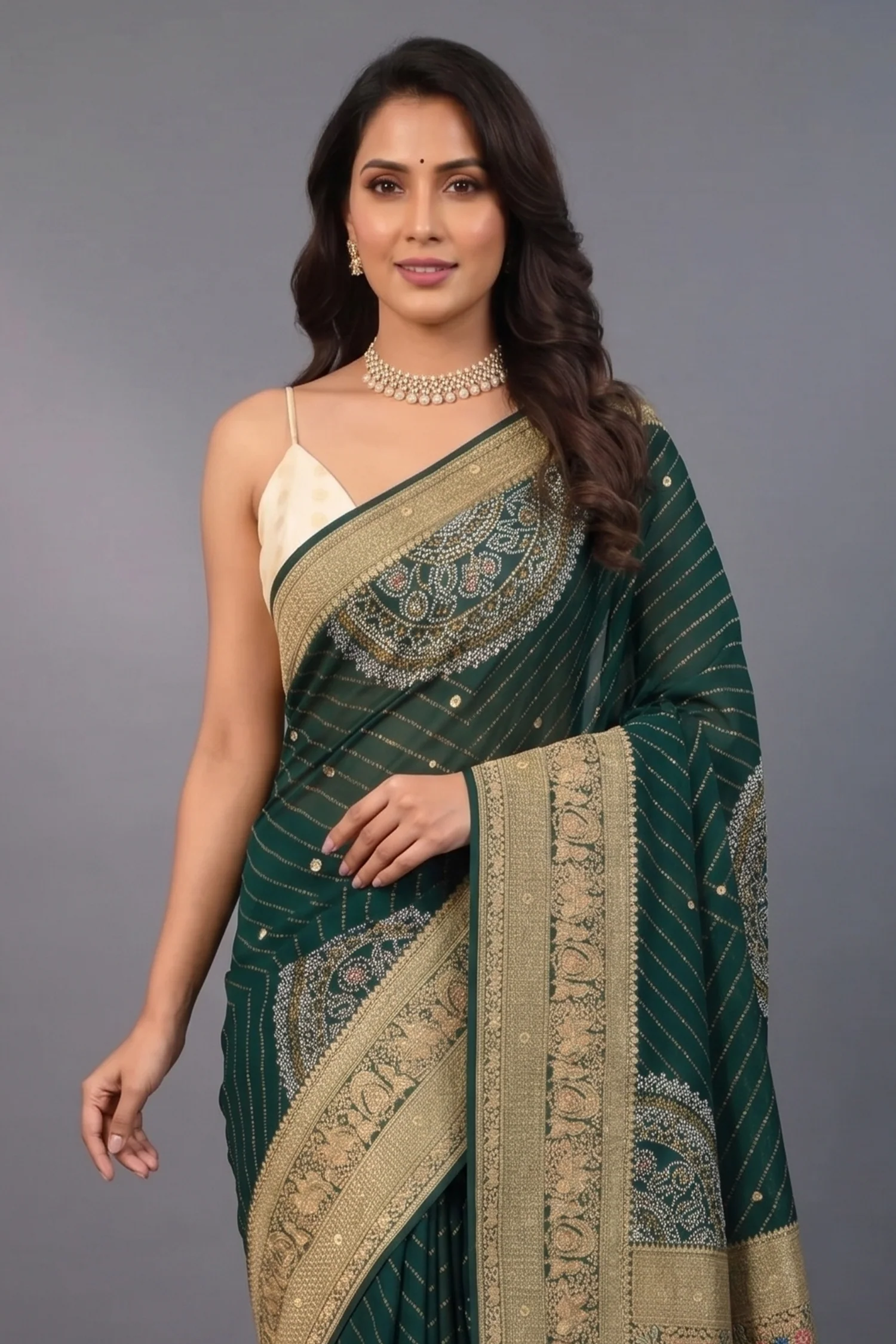 Green Georgette Printed Saree with Woven and Cutdana Worked Pallu - Image 2