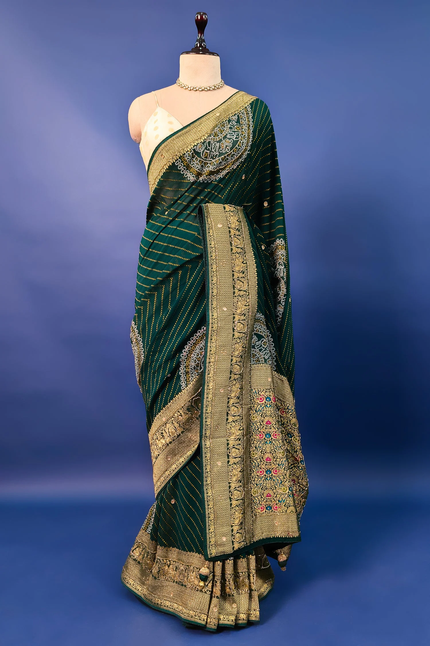 Green Georgette Printed Saree with Woven and Cutdana Worked Pallu - Image 3