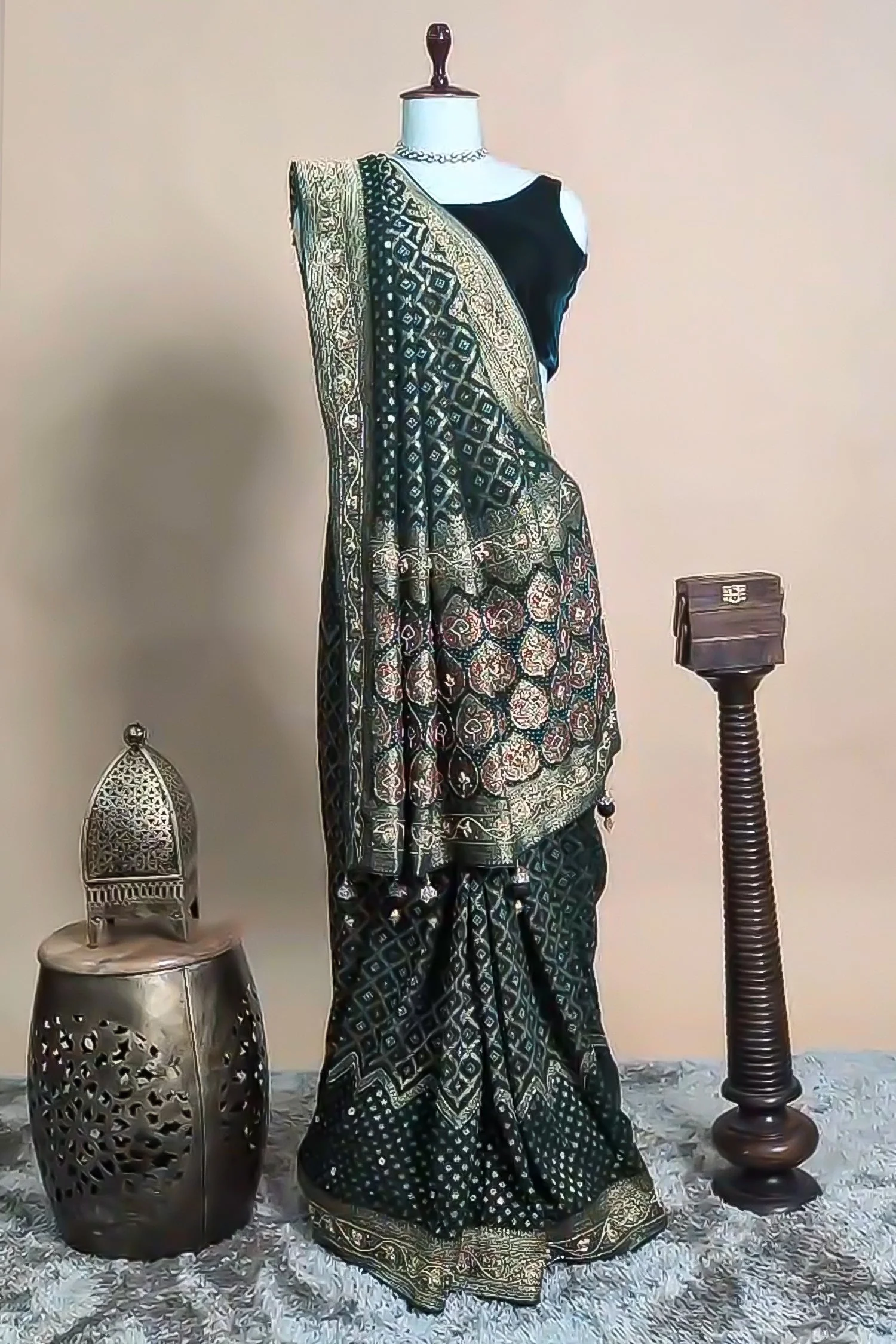Green Georgette Traditional Bandhej Saree with Cutdana and Bead Work - Image 2