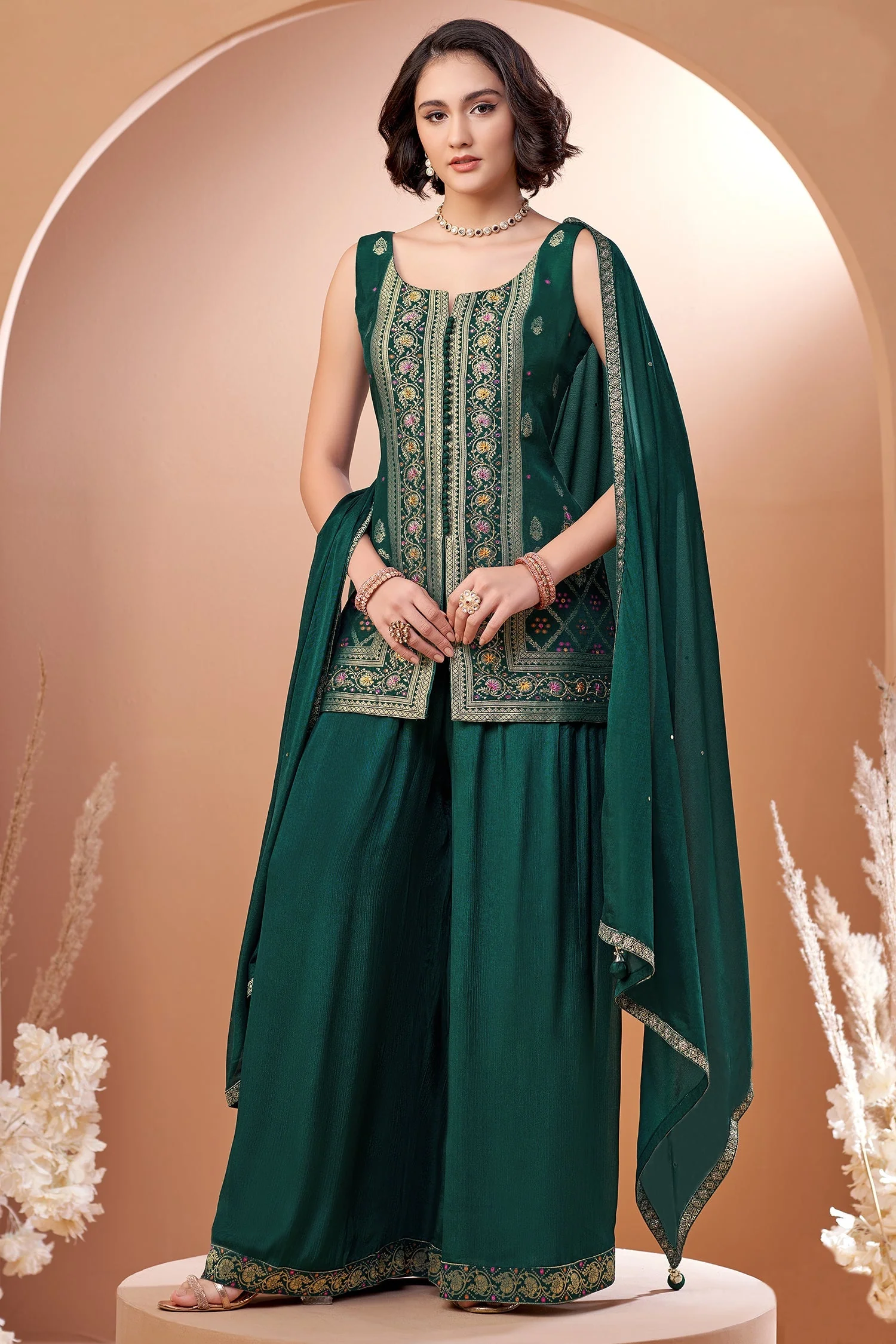 Green Georgette Woven Palazzo Suit - Image 2