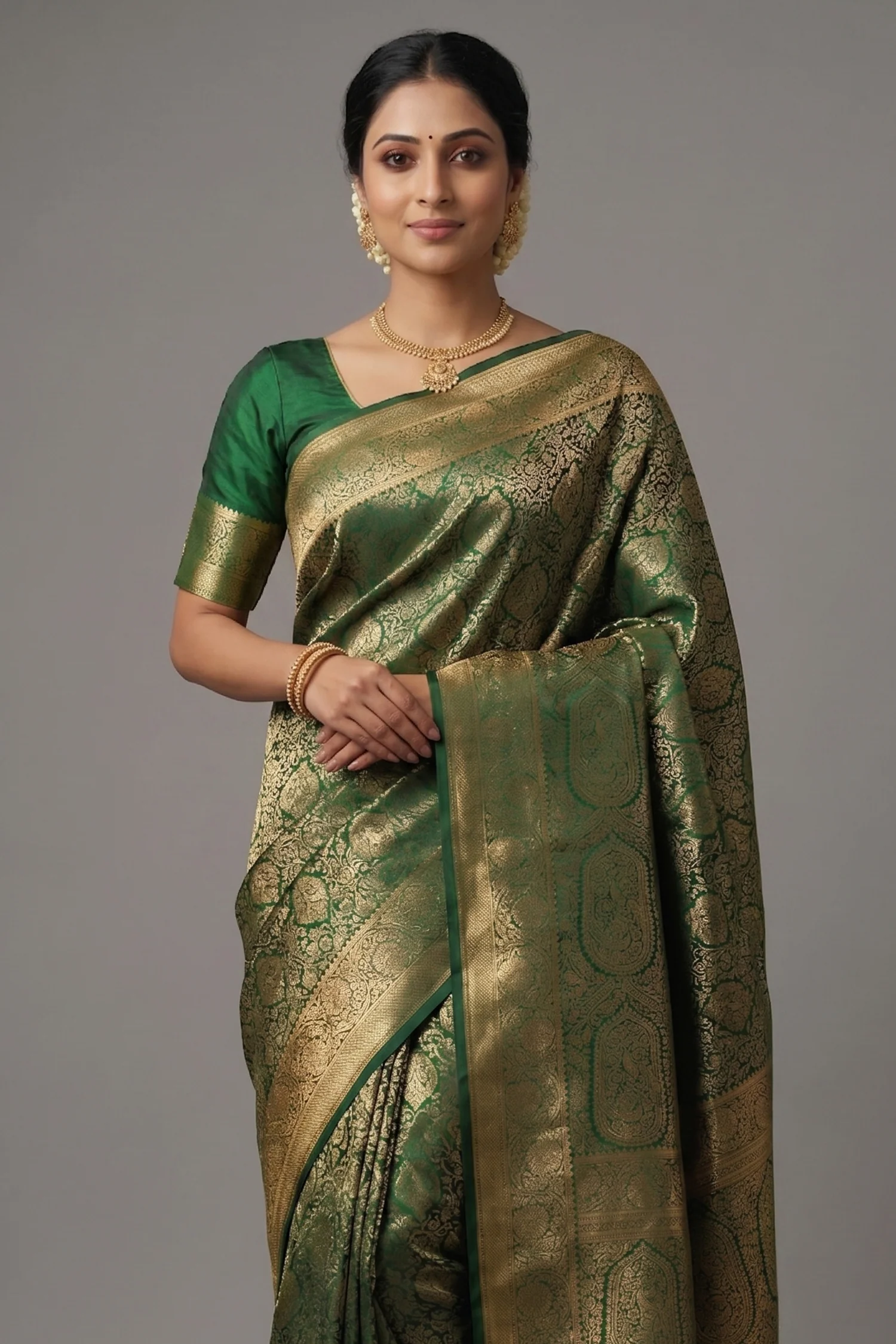 Green Kanchipuram Silk Woven Traditional Saree - Image 2