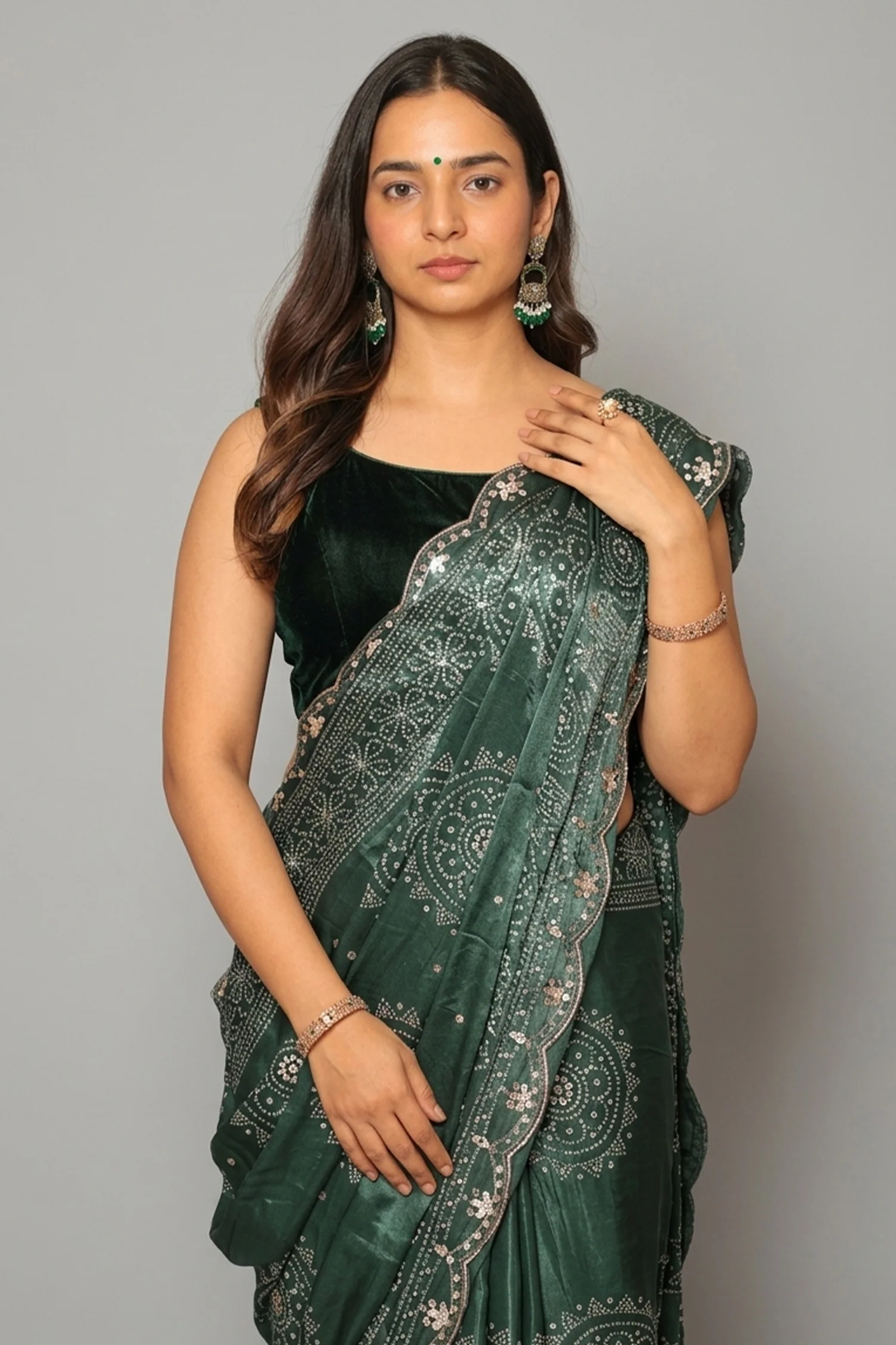 Green Modal Silk Ajrakh Printed Saree with Applique and Gota Work - Image 2