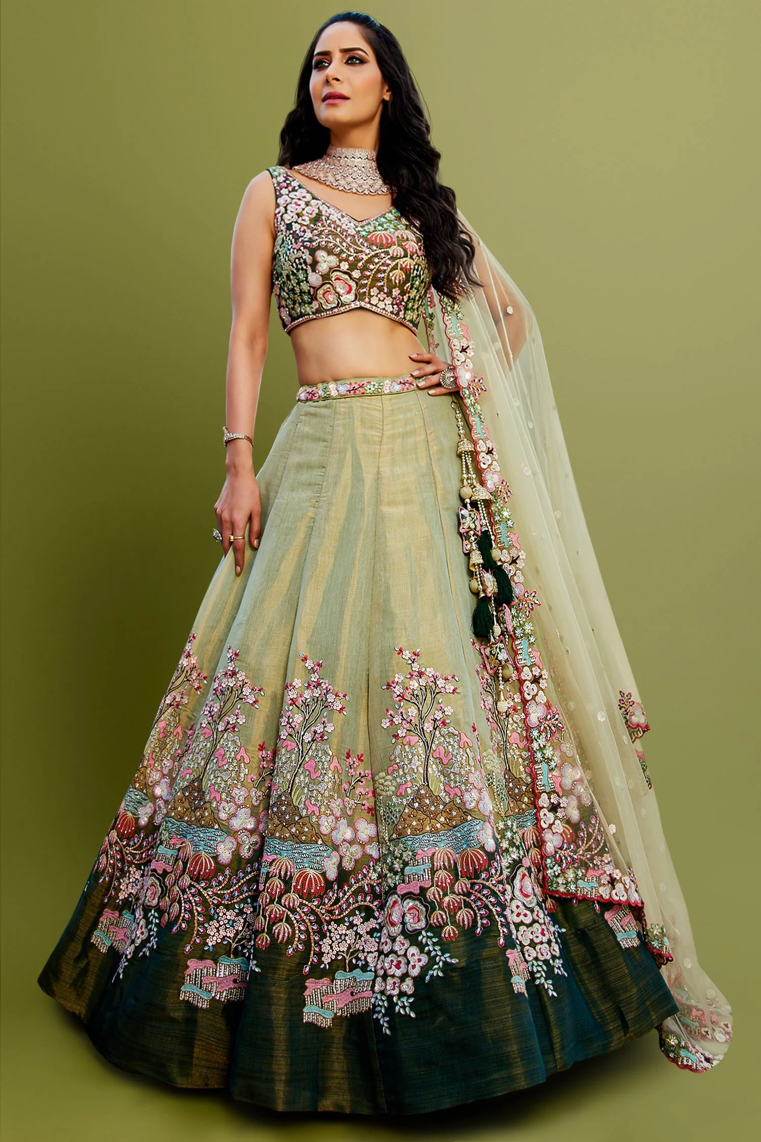 Green Net Designer Floral Embroidery and Sequin Worked Flared Lehenga - Image 3