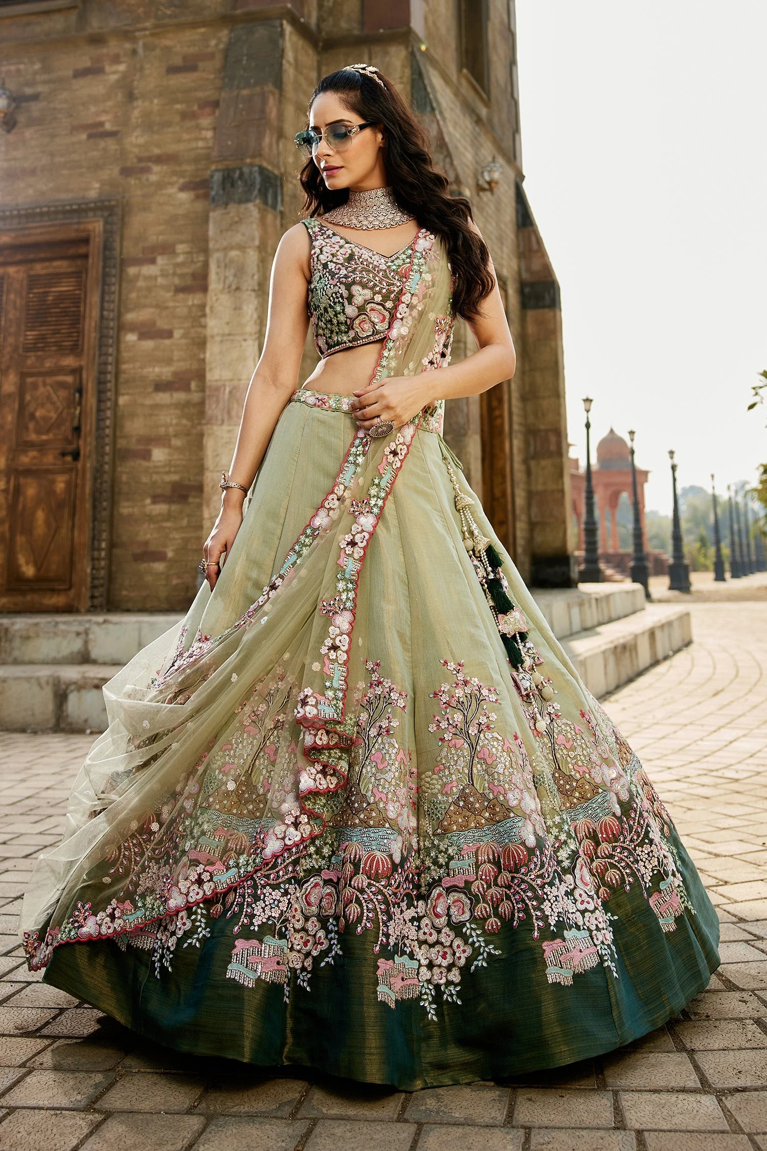 Green Net Designer Floral Embroidery and Sequin Worked Flared Lehenga - Image 4