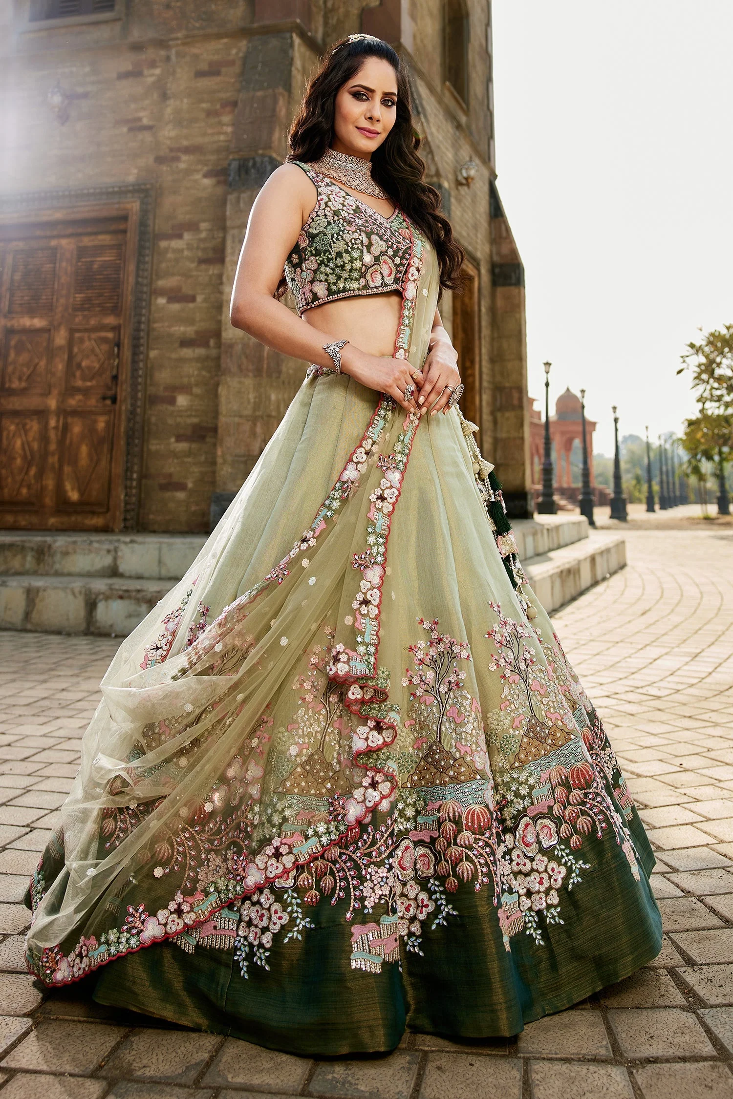 Green Net Designer Floral Embroidery and Sequin Worked Flared Lehenga - Image 5