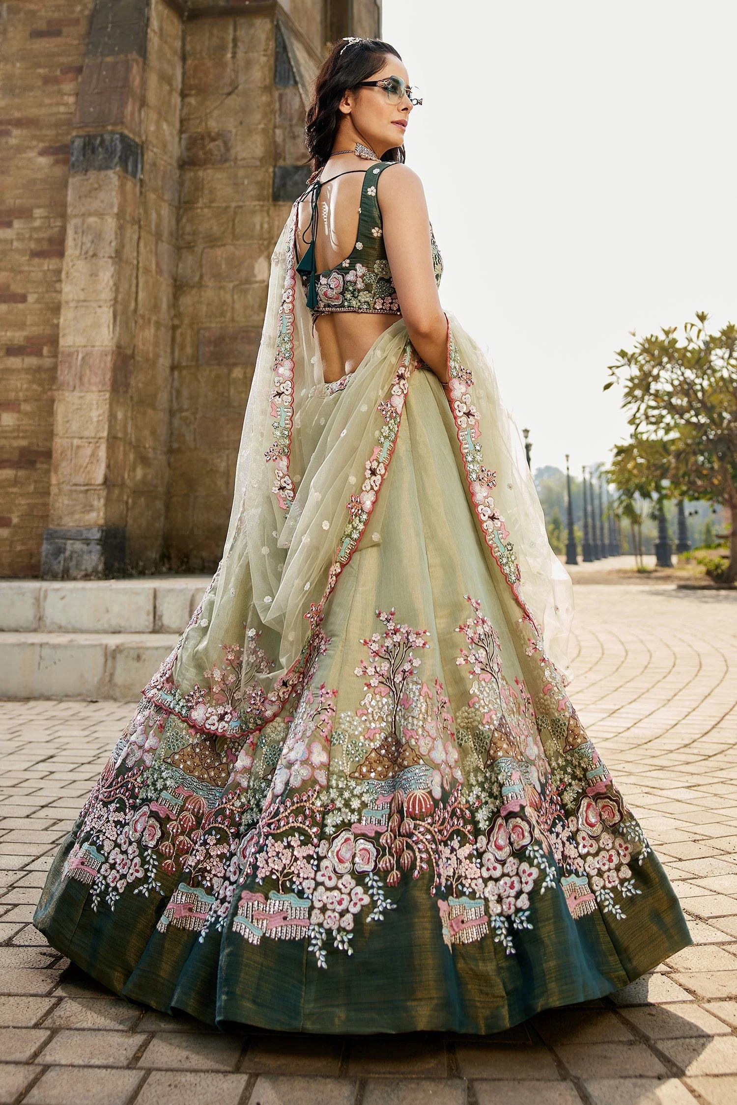 Green Net Designer Floral Embroidery and Sequin Worked Flared Lehenga - Image 6