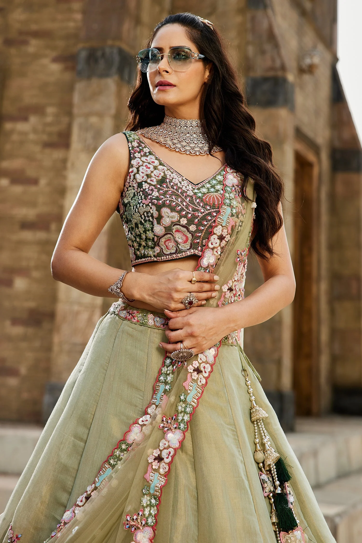 Green Net Designer Floral Embroidery and Sequin Worked Flared Lehenga - Image 7