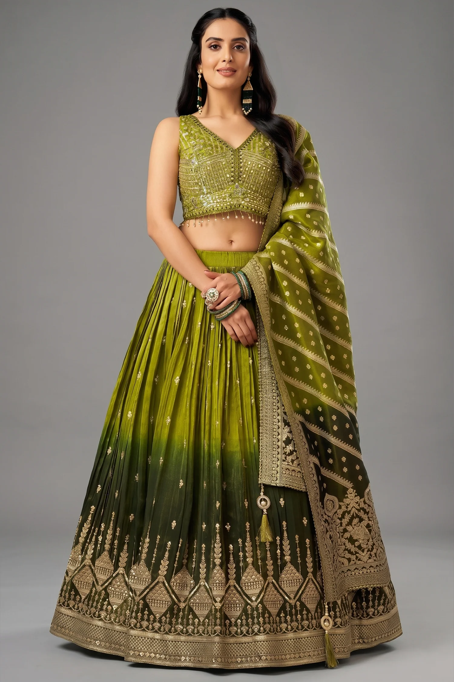 Green Ombre Chinon Sequin Embroidered Pleated Lehenga