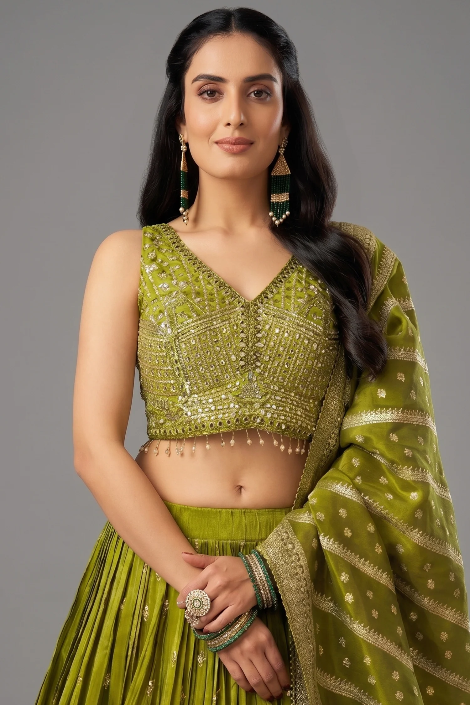 Green Ombre Chinon Sequin Embroidered Pleated Lehenga - Image 2