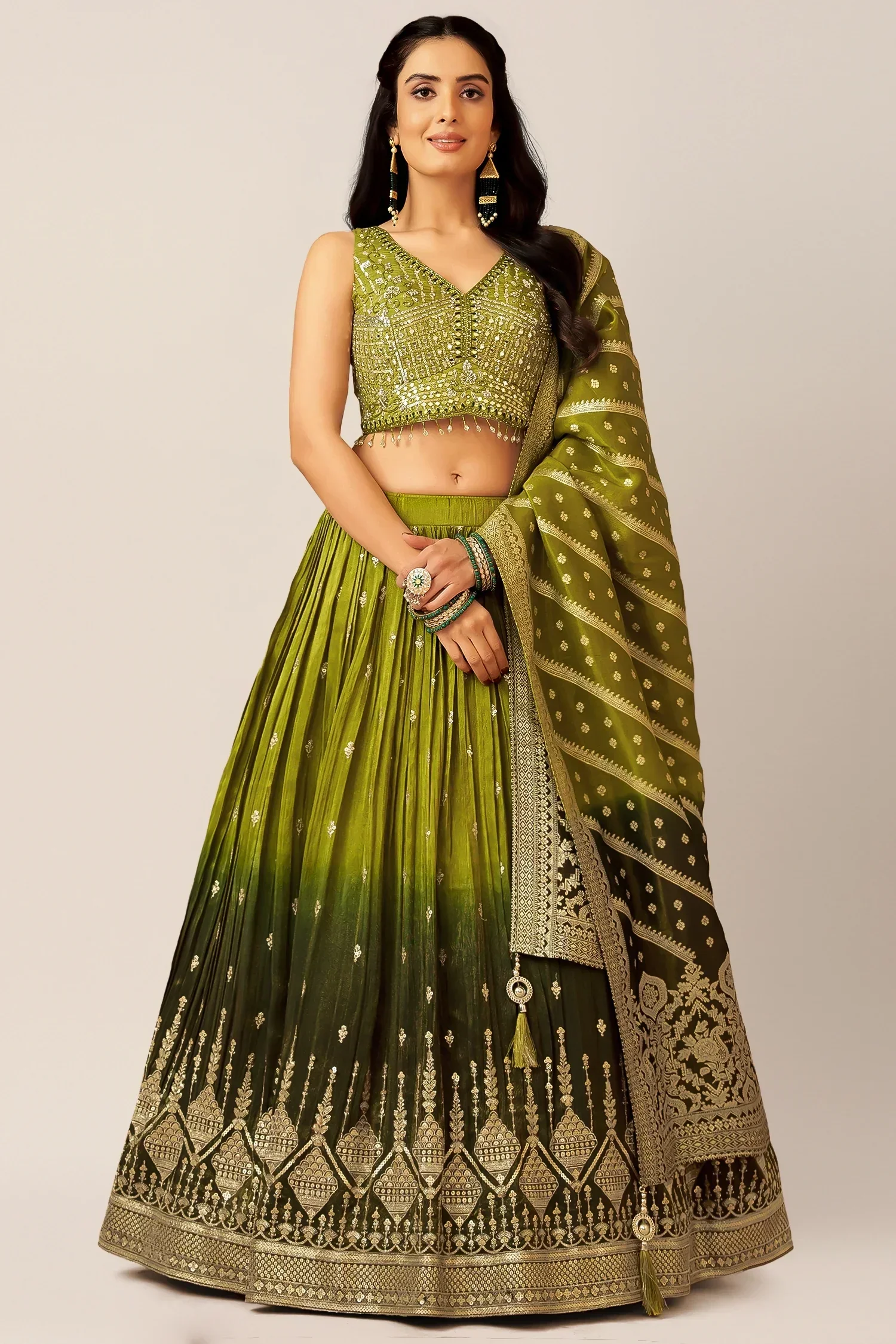 Green Ombre Chinon Sequin Embroidered Pleated Lehenga - Image 3