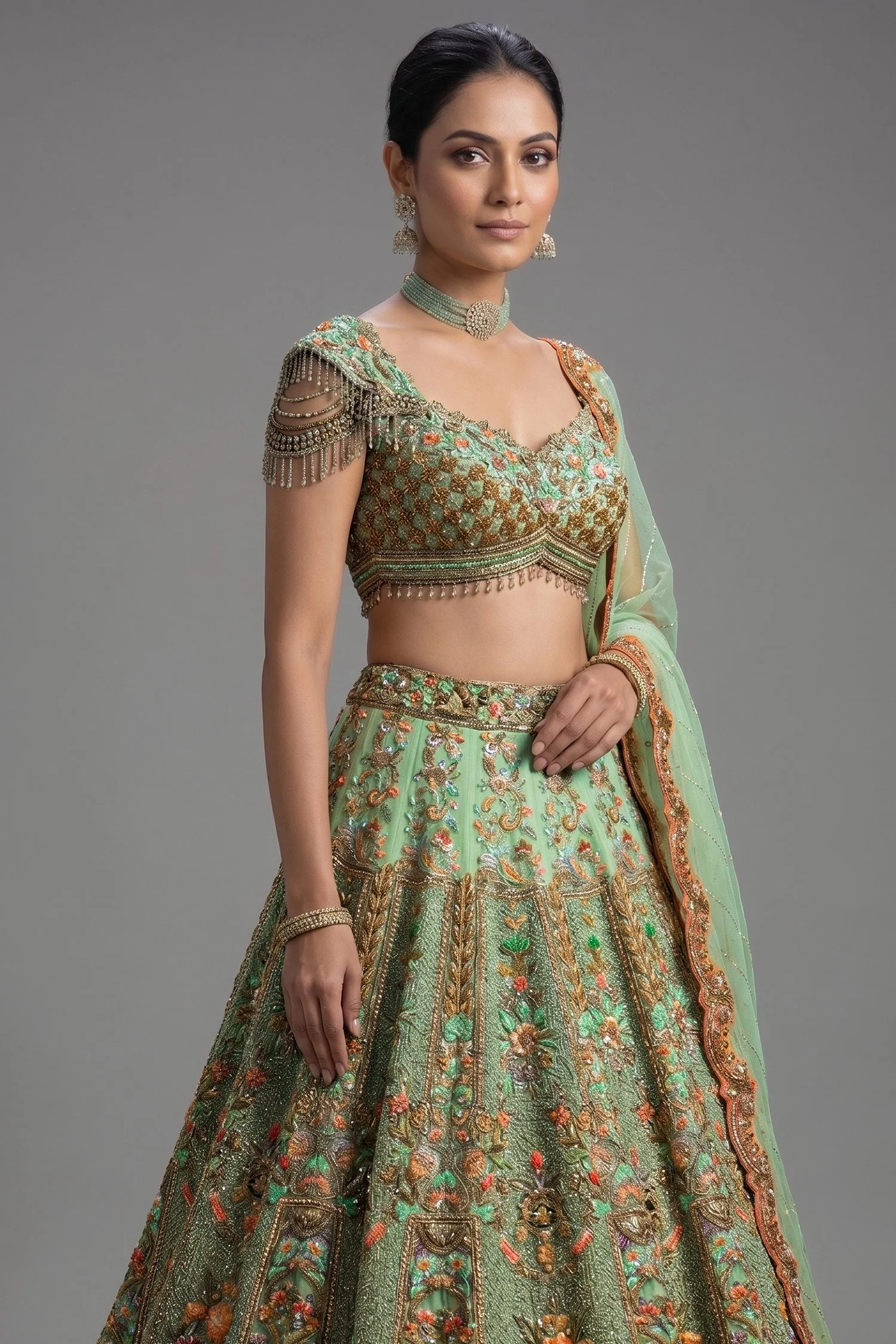 Green Organza Designer Handworked Lehenga - Image 2