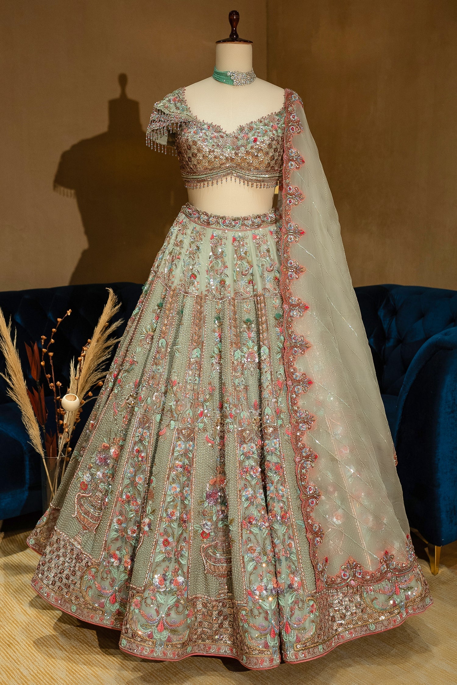 Green Organza Designer Handworked Lehenga - Image 3