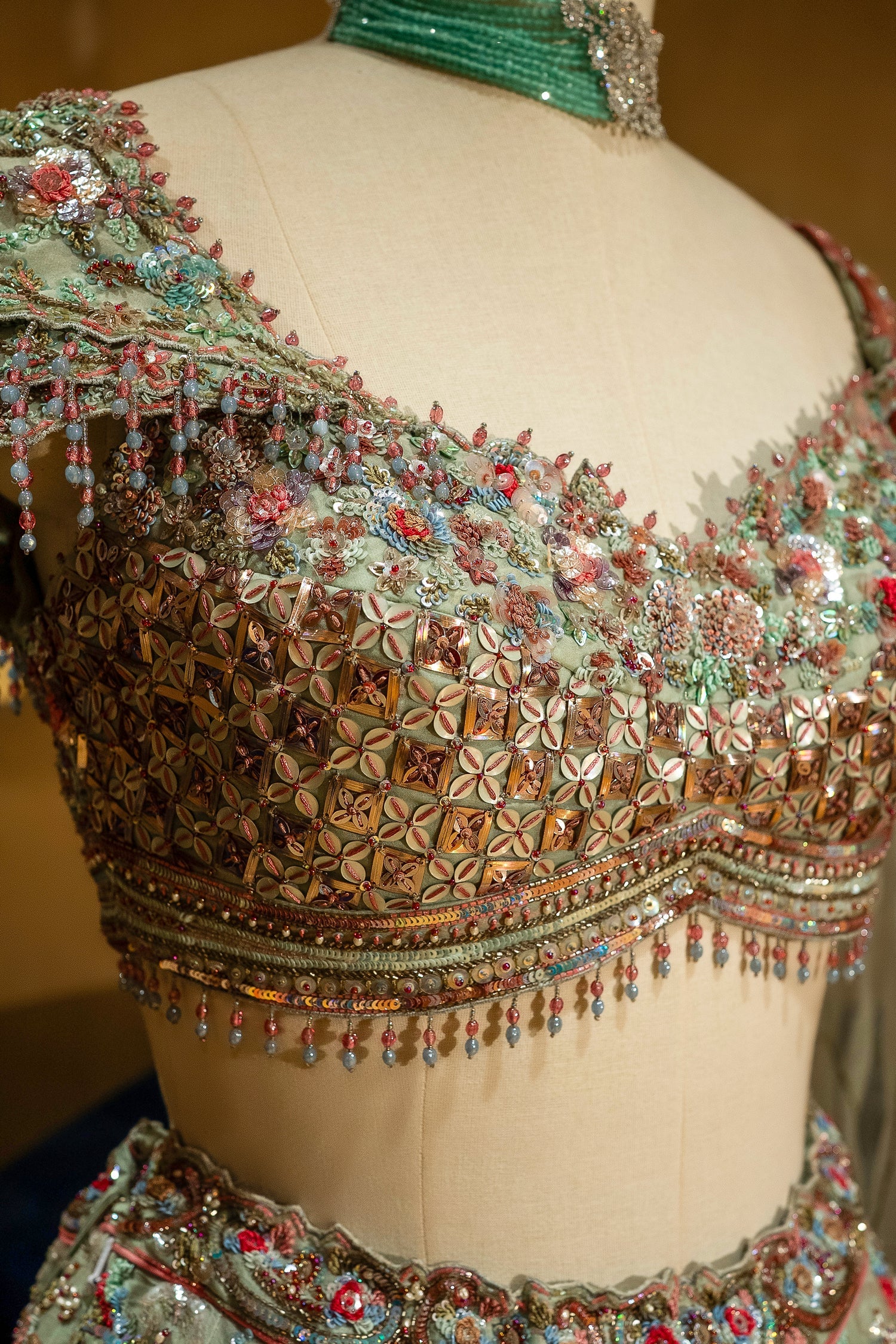 Green Organza Designer Handworked Lehenga - Image 4