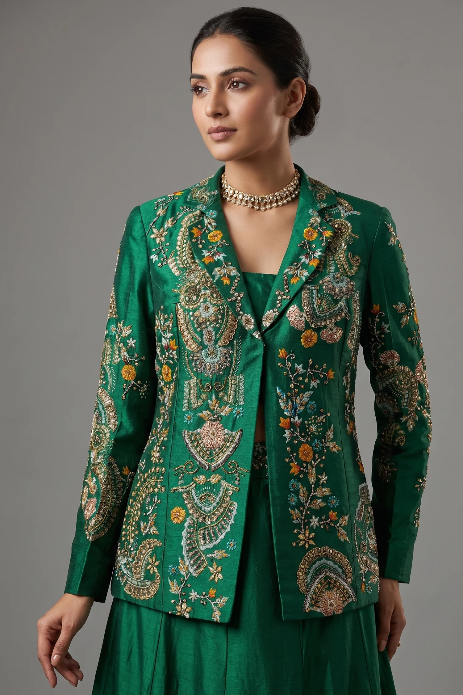 Green Satin Sequin Cutdana Worked Indo Western Set - Image 2