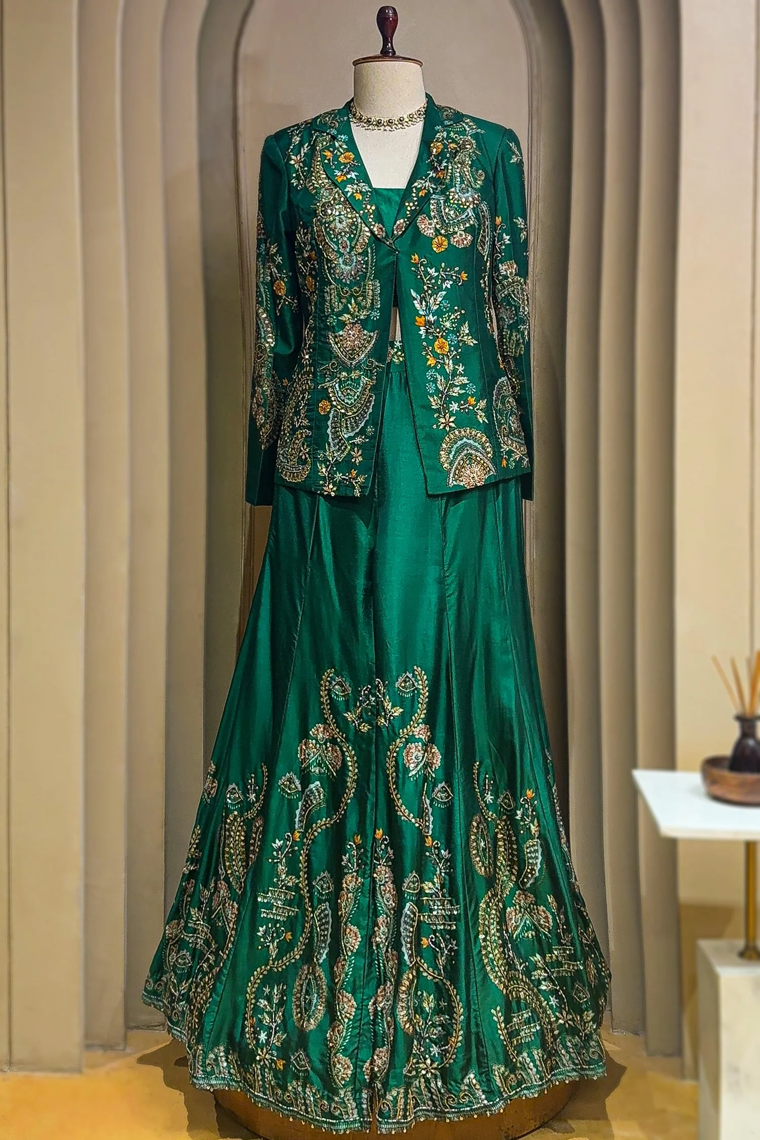Green Satin Sequin Cutdana Worked Indo Western Set - Image 3