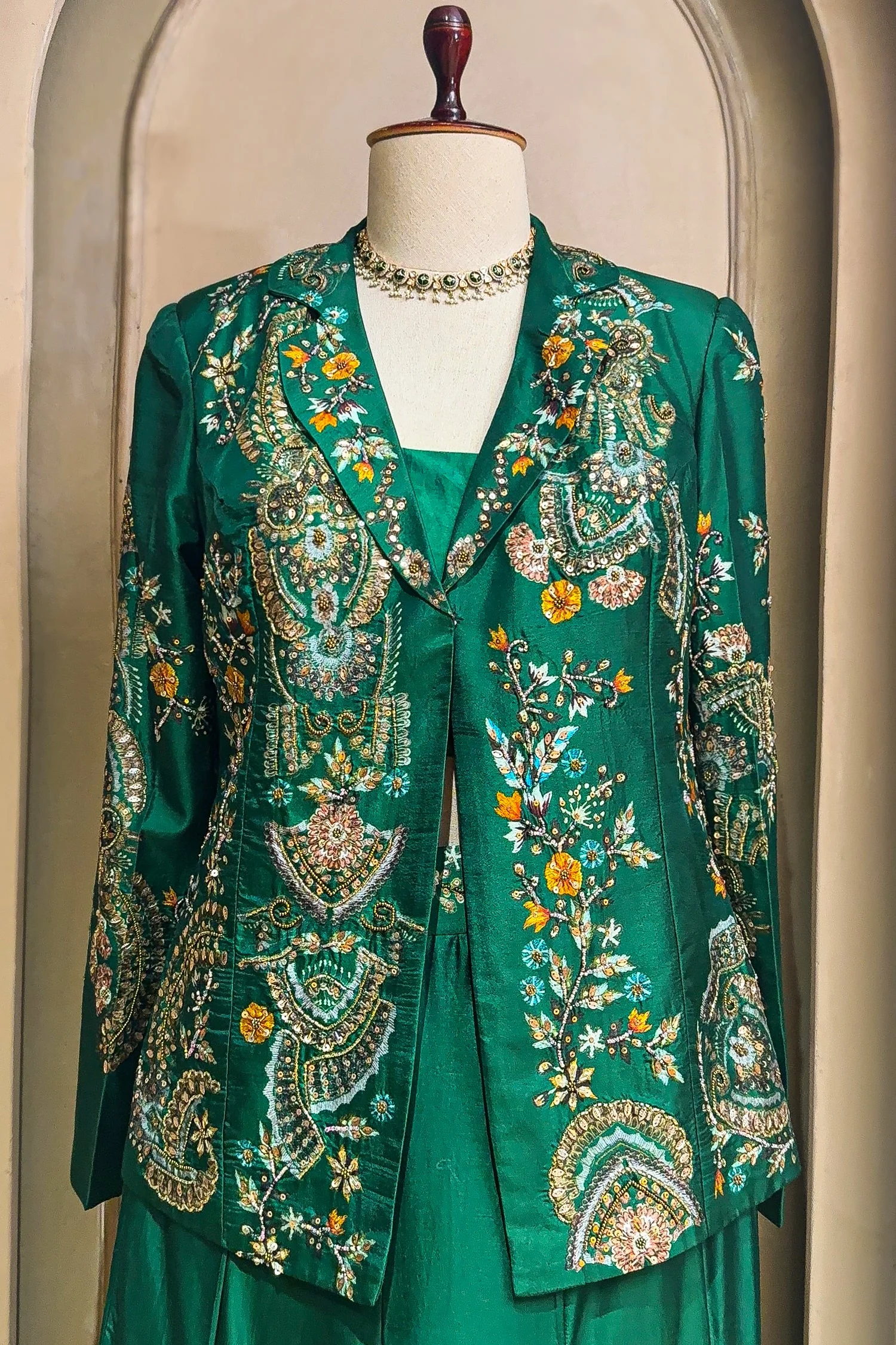 Green Satin Sequin Cutdana Worked Indo Western Set - Image 4