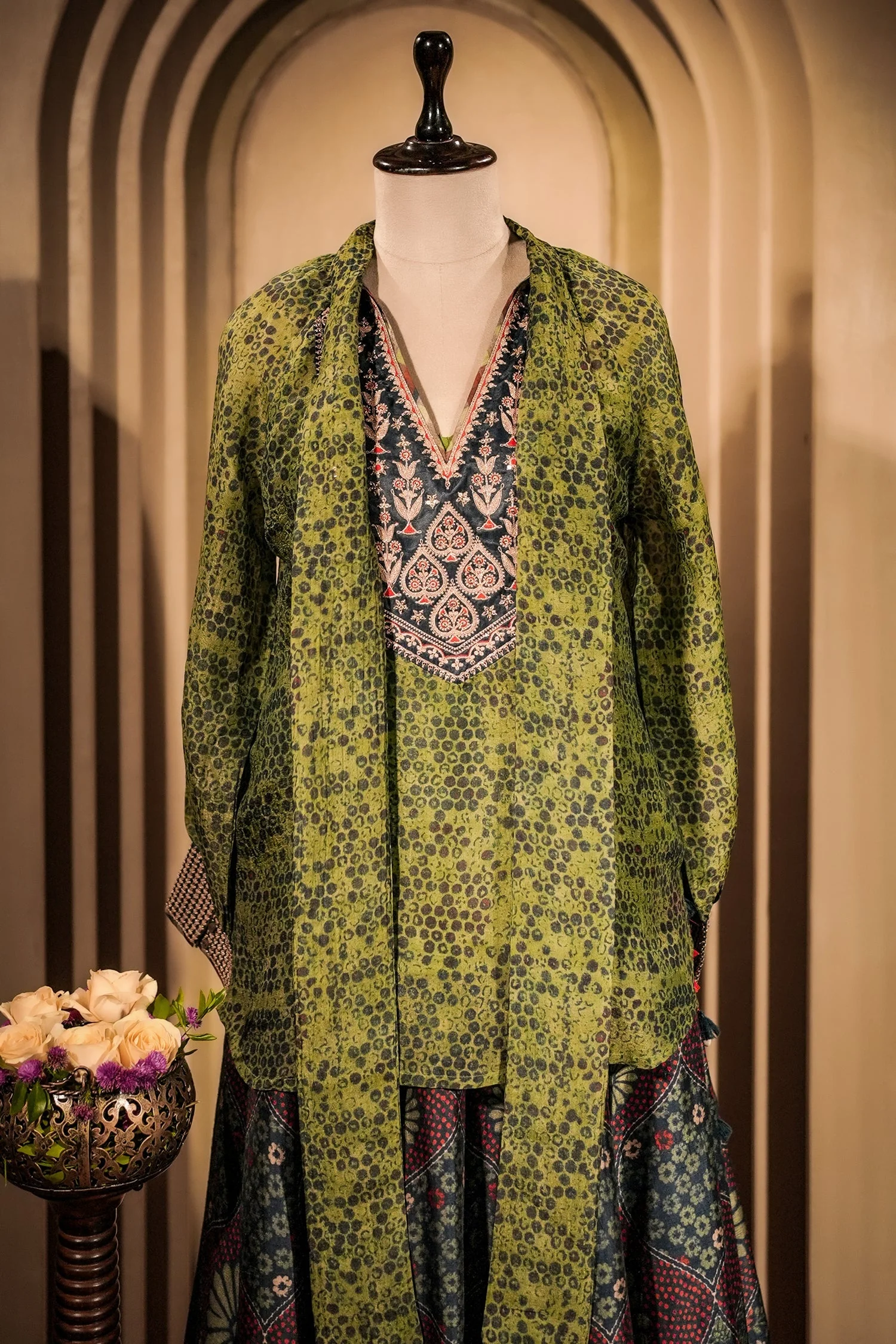 Green Silk Printed Indo Western Set - Image 2