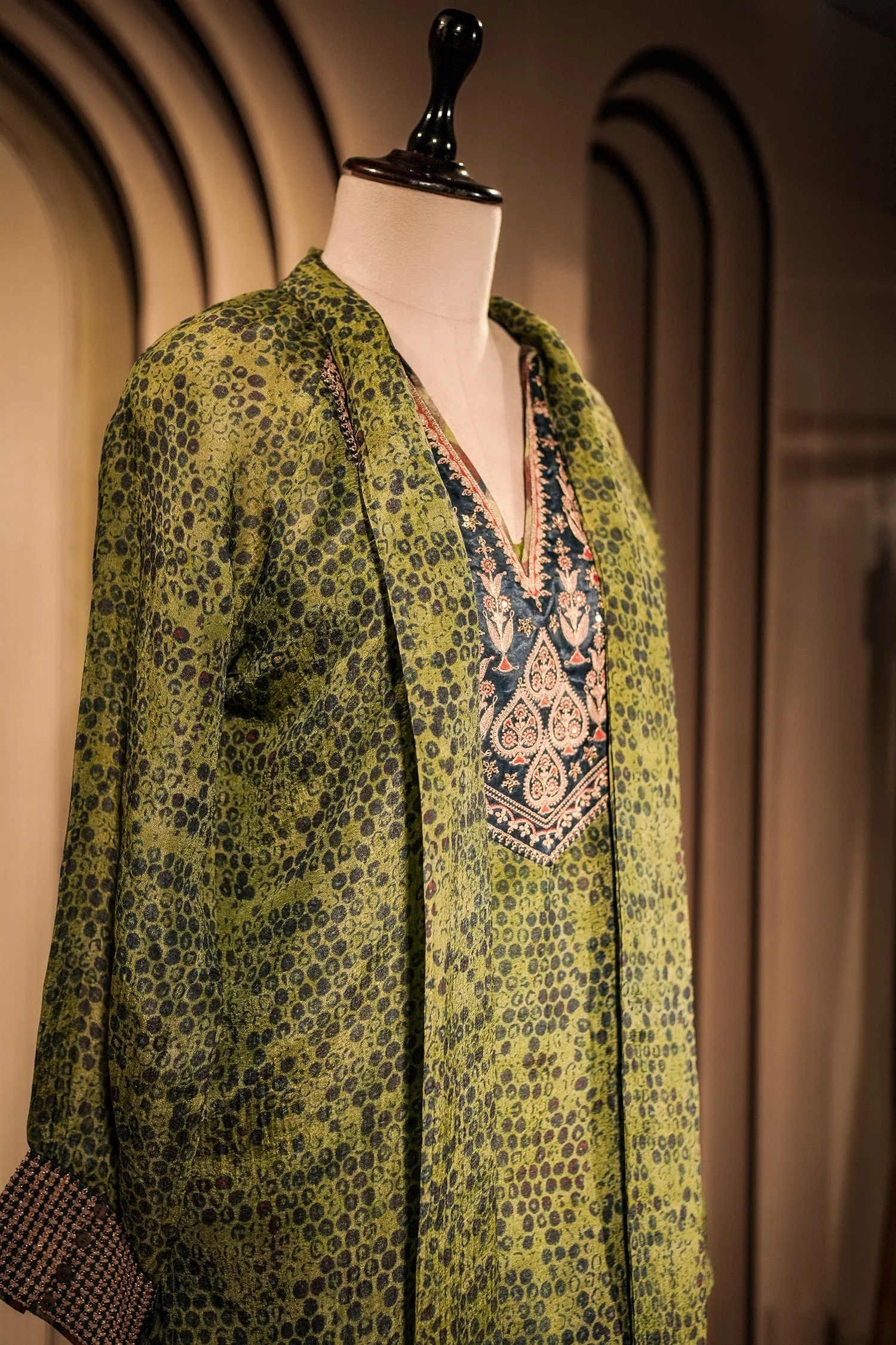 Green Silk Printed Indo Western Set - Image 3