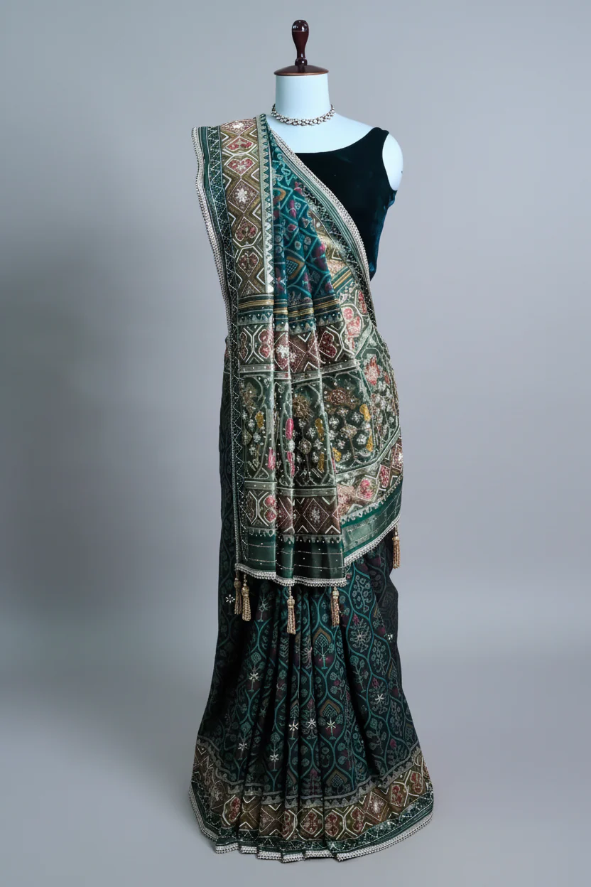 Green Silk Traditional Woven Patola Saree with Cutdana and Beads Work