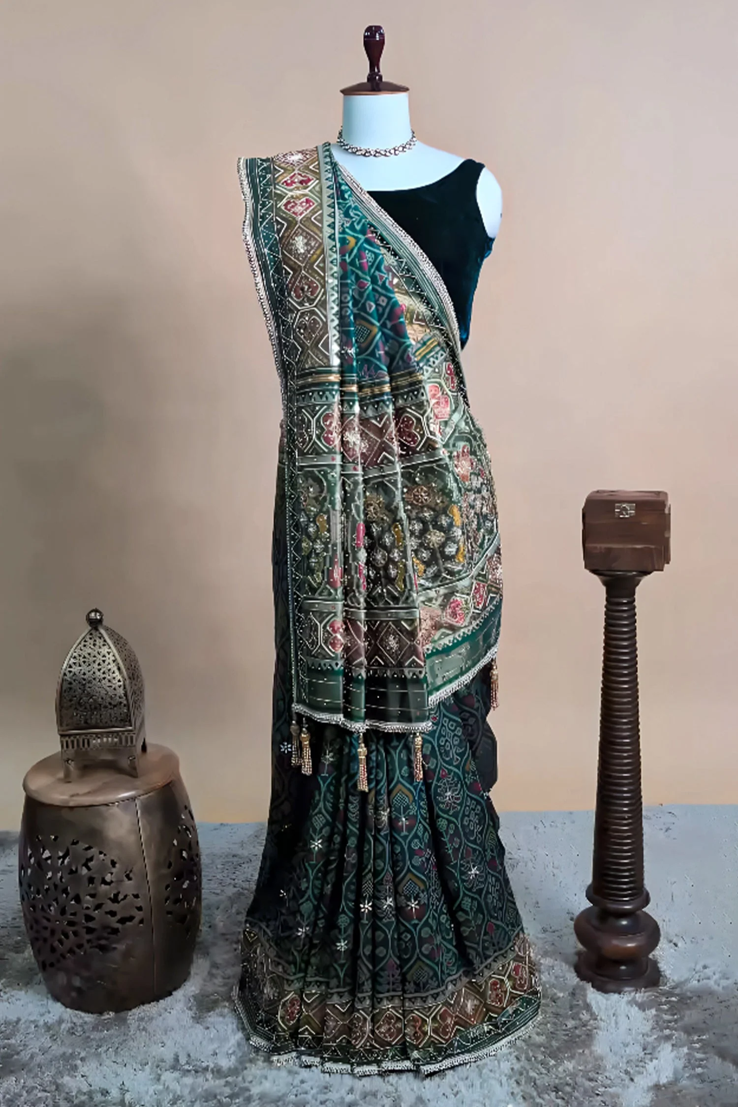 Green Silk Traditional Woven Patola Saree with Cutdana and Beads Work - Image 2