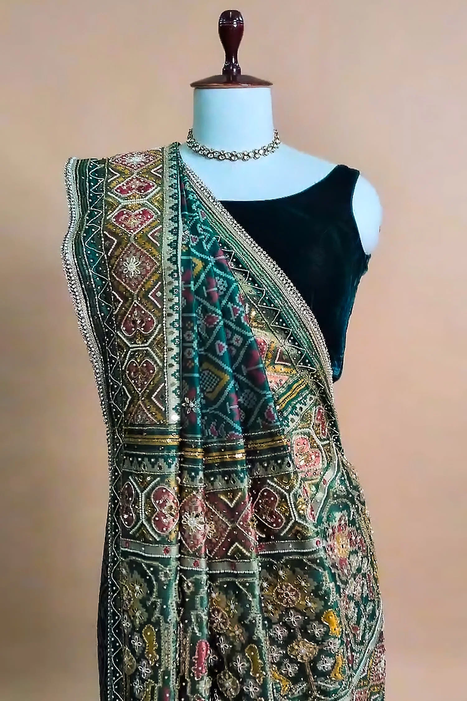 Green Silk Traditional Woven Patola Saree with Cutdana and Beads Work - Image 3