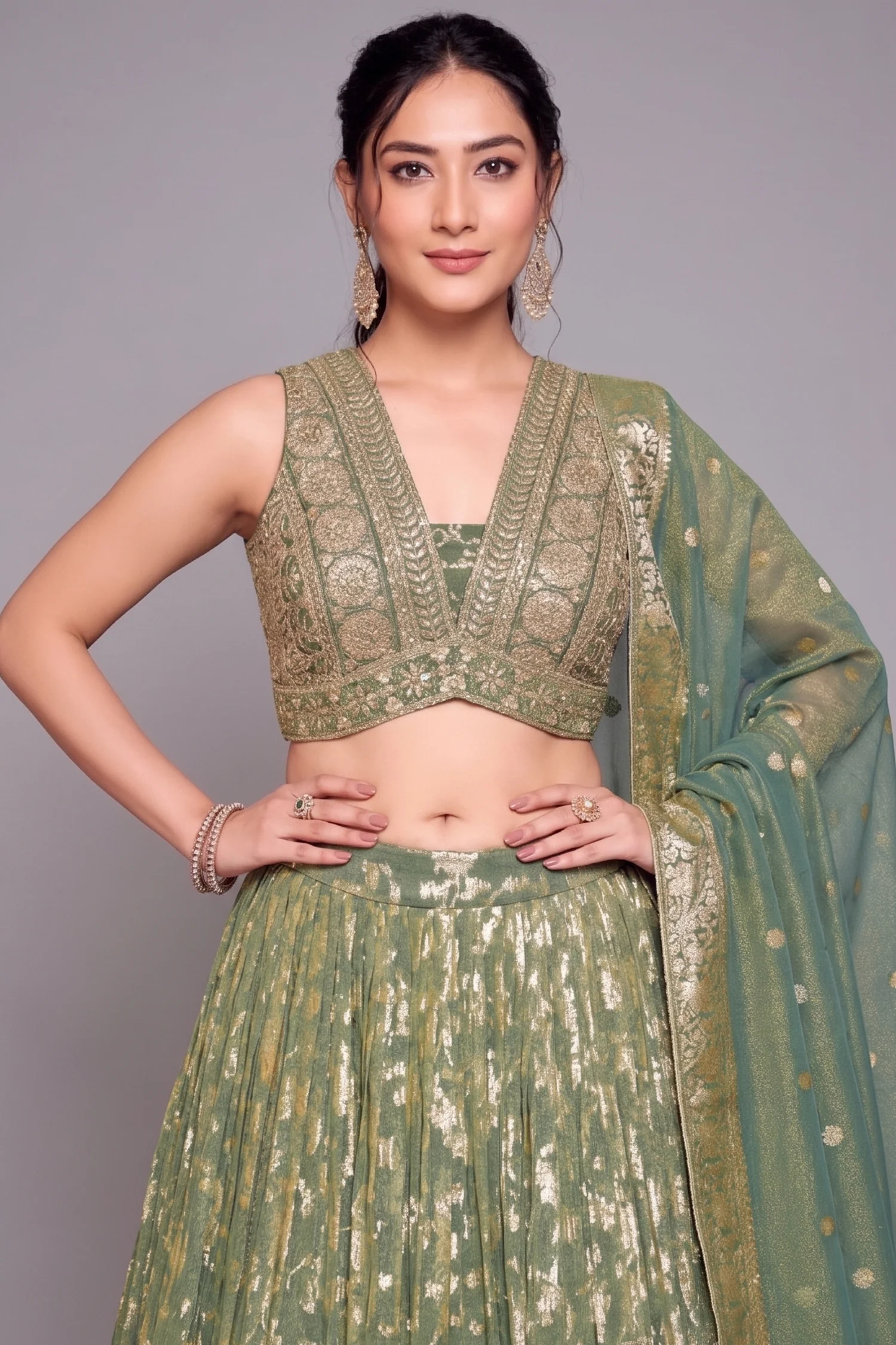 Green Tissue Floral Woven Jaal Lehenga with Sequin Embroidery Work - Image 2