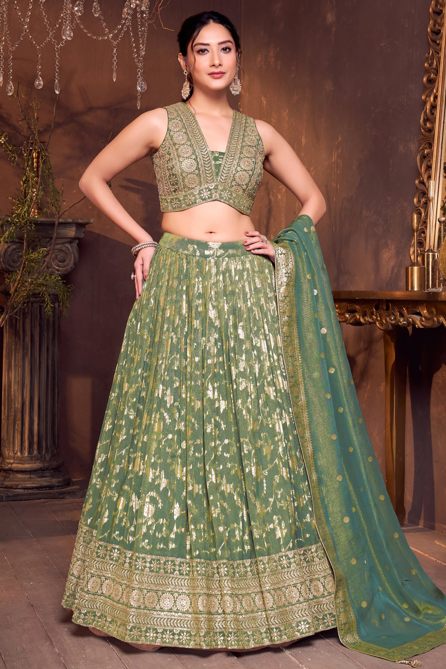 Green Tissue Floral Woven Jaal Lehenga with Sequin Embroidery Work - Image 3