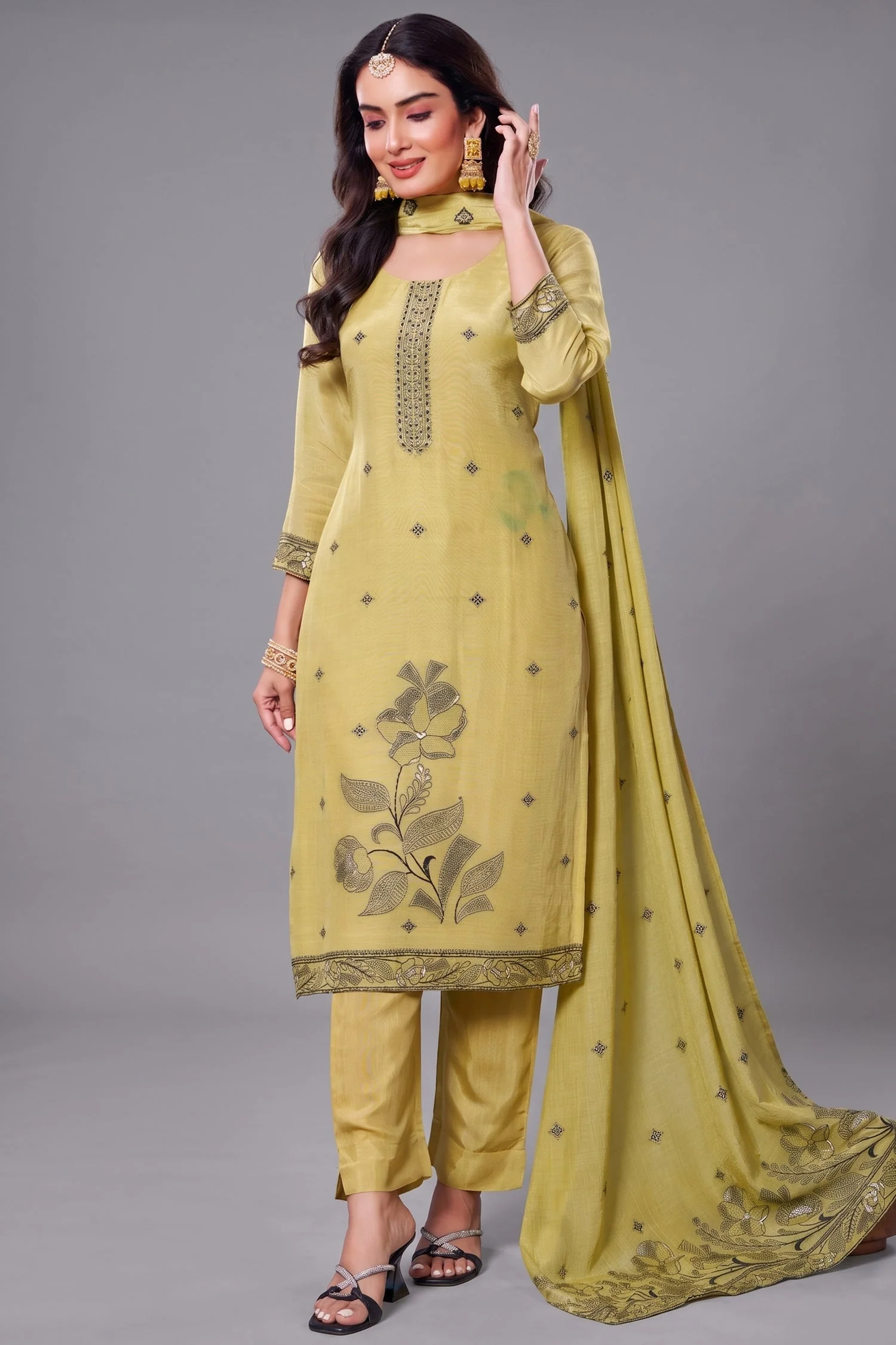 Green Tissue Jacquard Woven Straight Cut Suit