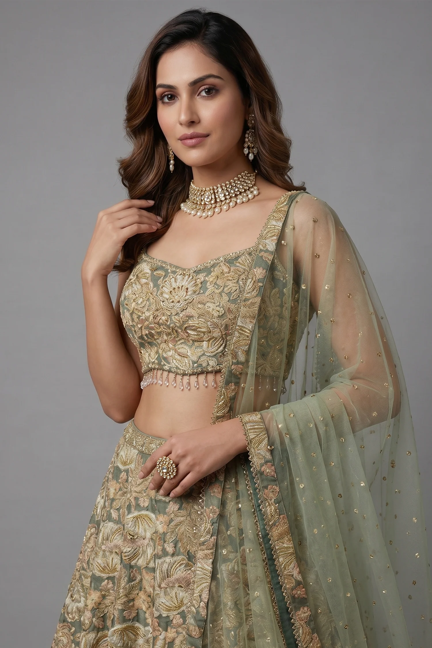 Green Tissue Organza Floral Printed Lehenga with Cutdana Sequin Work - Image 2