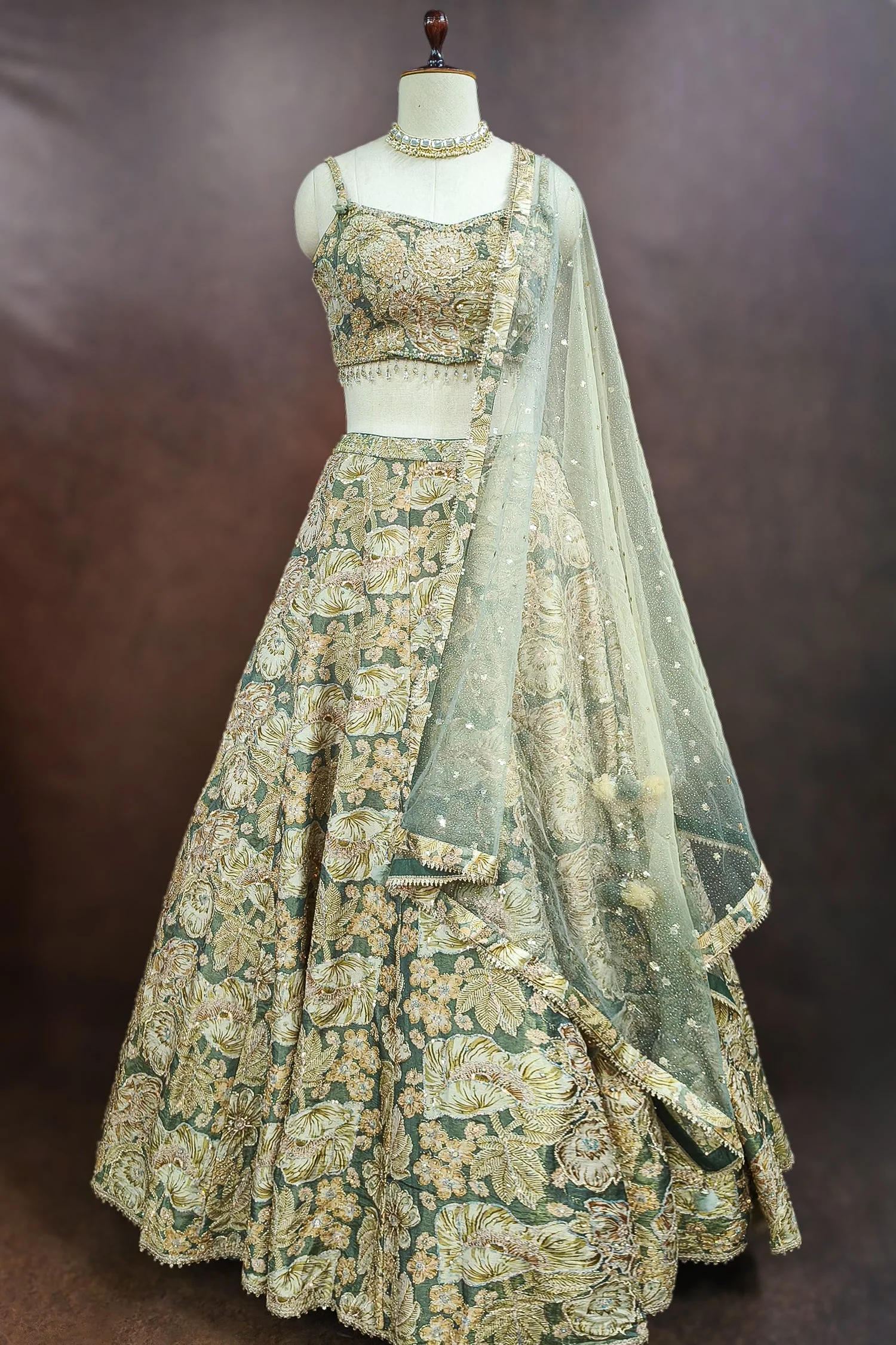Green Tissue Organza Floral Printed Lehenga with Cutdana Sequin Work - Image 3