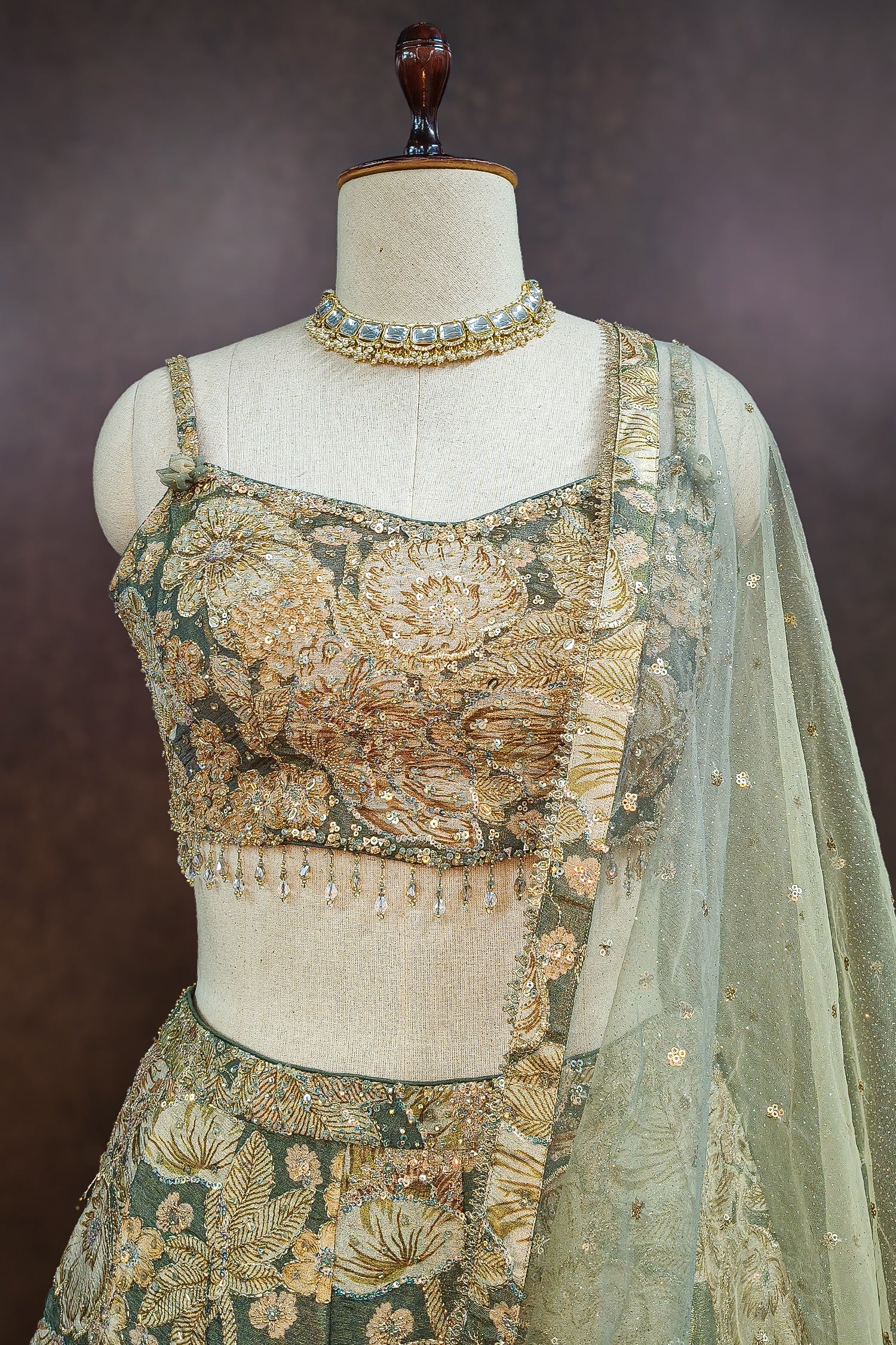 Green Tissue Organza Floral Printed Lehenga with Cutdana Sequin Work - Image 4