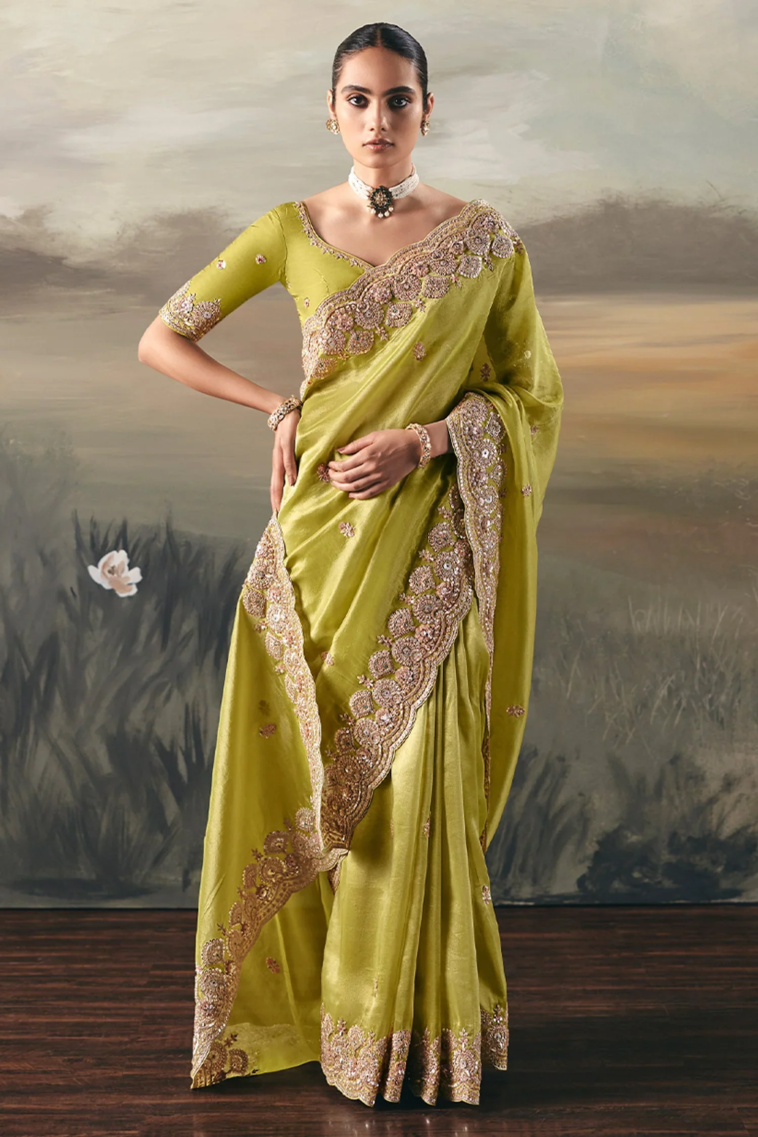 Green Tissue Saree with Sequin and Embroidered Border - Image 2