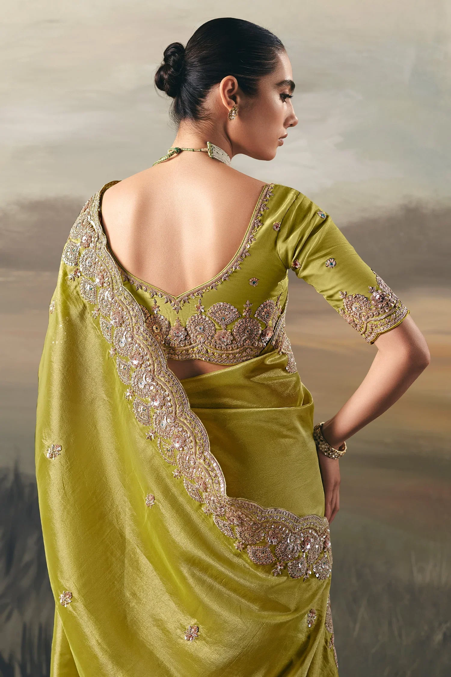 Green Tissue Saree with Sequin and Embroidered Border - Image 3